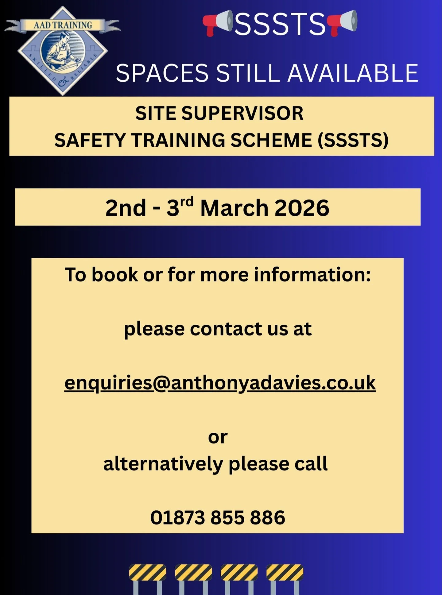 📞 Spaces still available for SSSTS &ndash; book now to secure your place!
Visit: www.anthonydavies.co.uk
Call: 01873 855886
#SSSTS#SMSTS#citb#construction#trainingcourse#welshbusiness