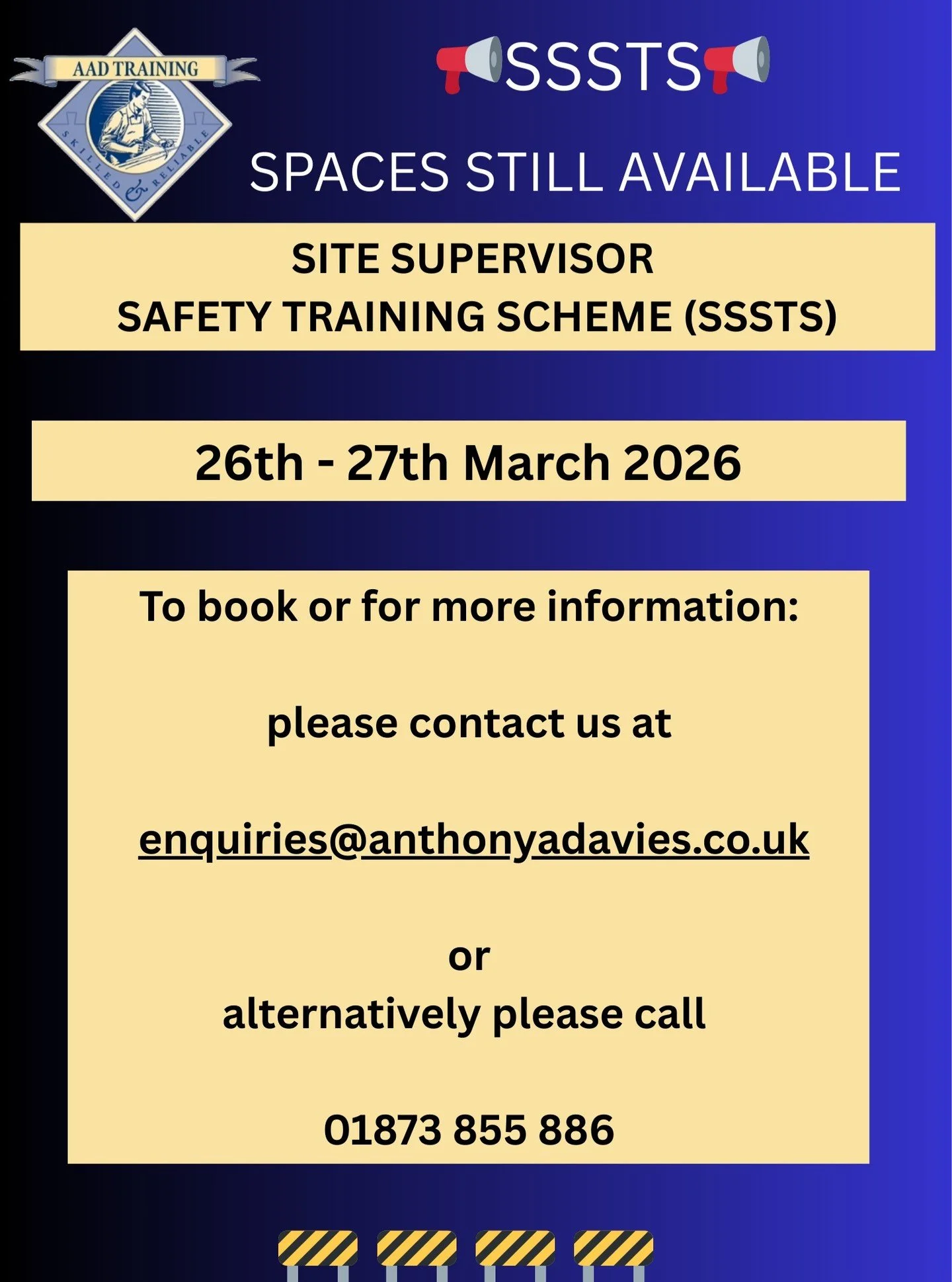 Looking to gain essential safety training? 🦺🔨
Now is a great time to book your slot📆

Spaces still available for SSSTS &ndash; book now to secure your place!

26th-27th March 2026 

Visit: www.anthonydavies.co.uk

Call: 01873 855886

#SSSTS#citb#c