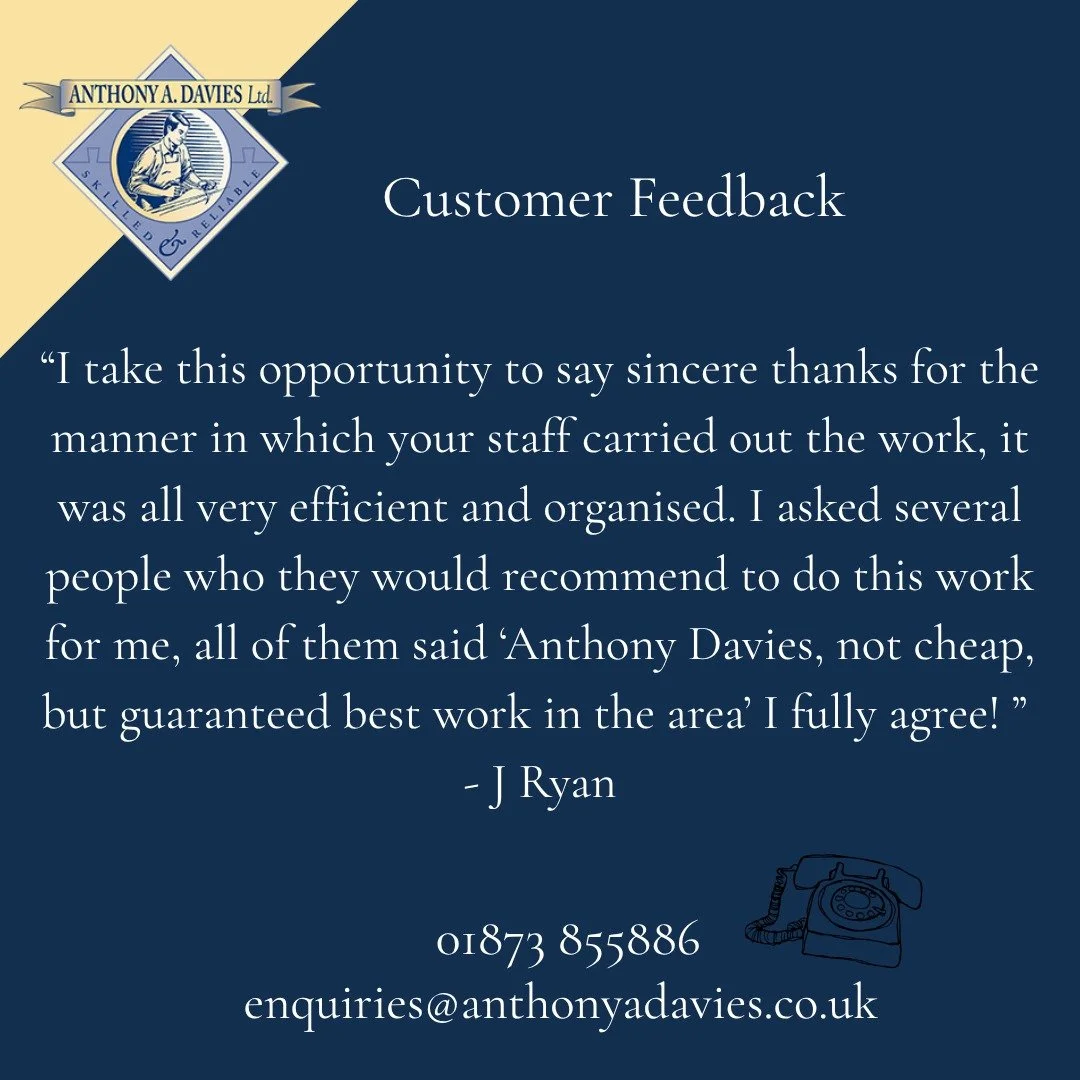 We love nothing more than a happy customer 🎊

Enquire today for all your Construction and Joinery needs for a free no obligation quotation:

www.anthonyadavies.co.uk 💻
enquiries@anthonyadavies.co.uk
01873 855886 ☎️