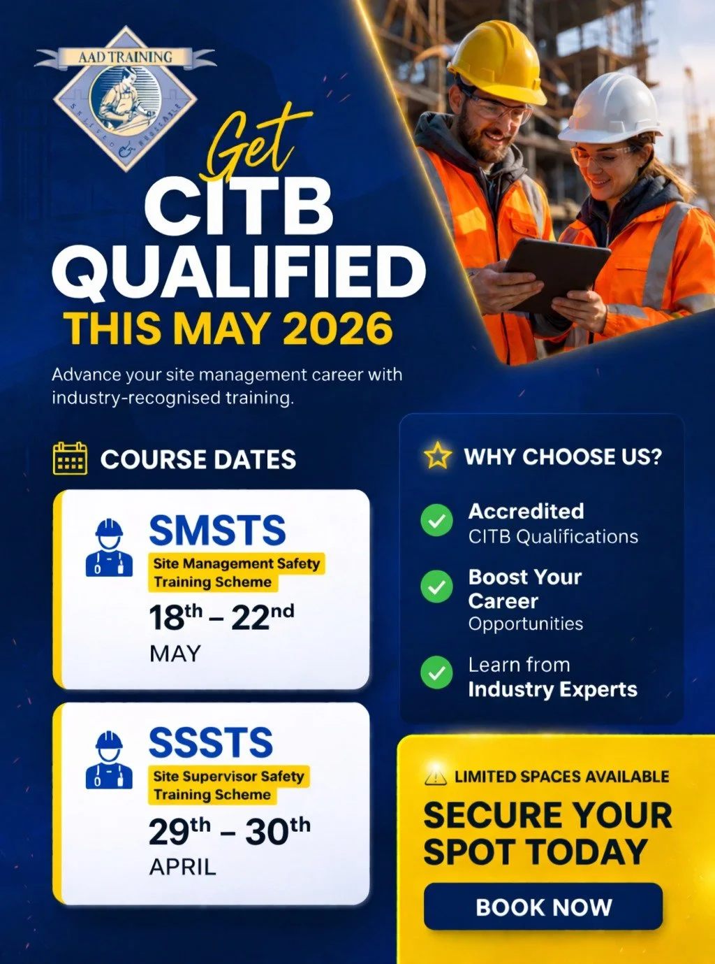🚧 Looking to advance your career in site management this May? 🚧
SPACES STILL AVAILABLE ‼️
📅 Course Date:
👷 SMSTS: 18th &ndash; 22nd May
👉 Secure your place today: www.anthonyadavies.co.uk
📞 01873 855886
#CITB #ConstructionTraining #SMSTS #SiteM