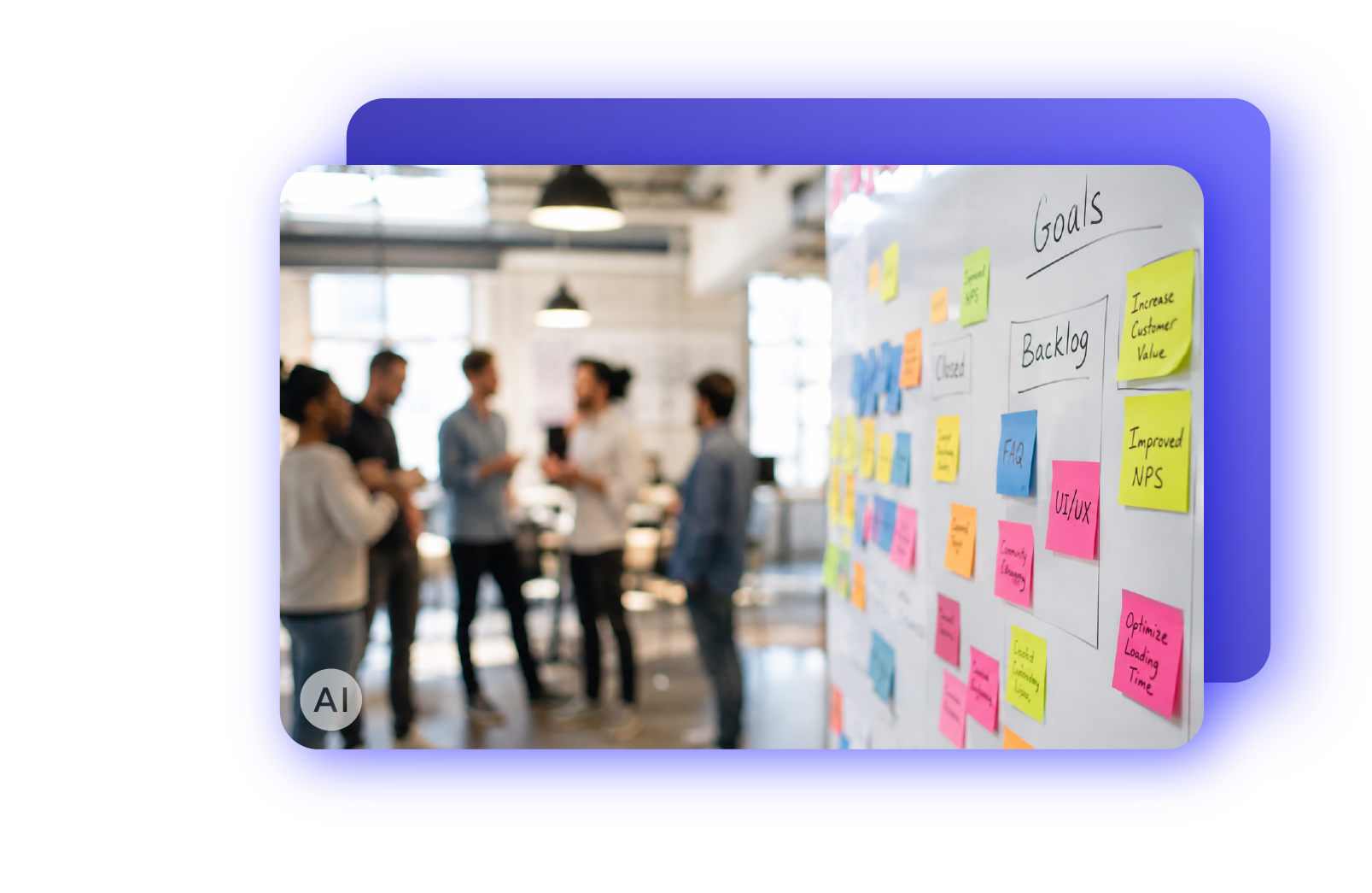 A group of five people in a modern office space, engaged in a discussion, with a large whiteboard covered in colorful sticky notes in the foreground.