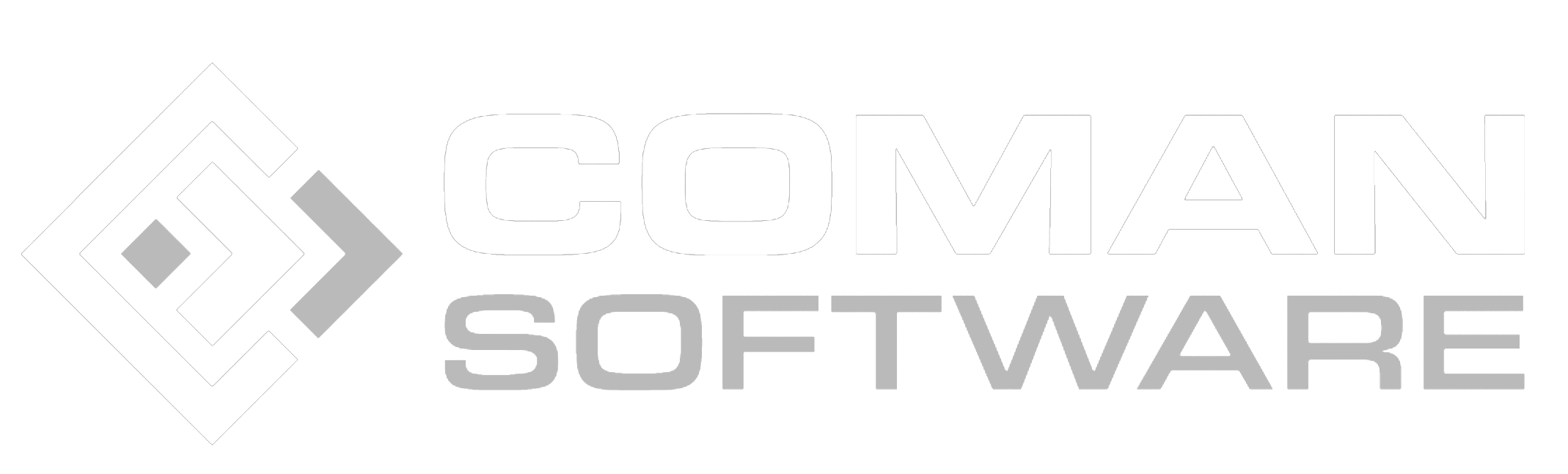 Das Logo von COMAN SOFTWARE, bestehend aus einer geometrischen, quadratischen Gestaltung in Schwarz, Weiß und Grau, neben dem Text "COMAN SOFTWARE" in Großbuchstaben.