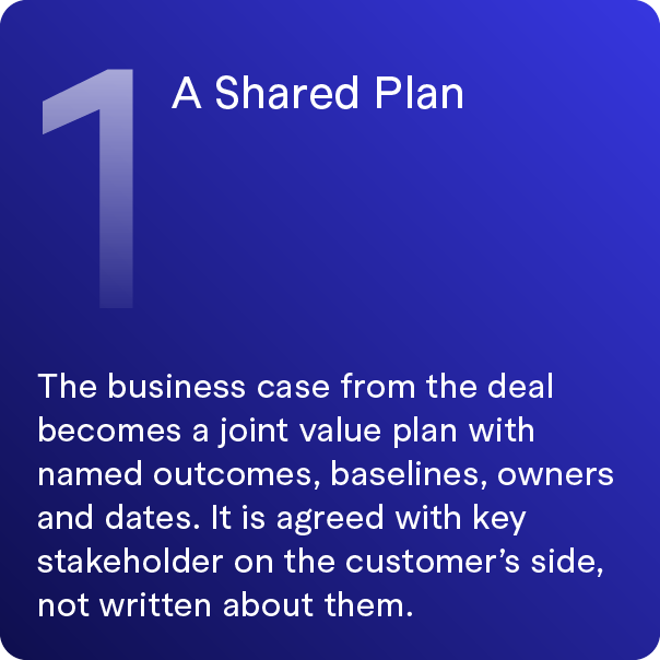 Slide titled 'A Shared Plan' with text about creating a joint value plan from a business deal, including outcomes, baselines, owners, and dates, agreed upon with key stakeholders.