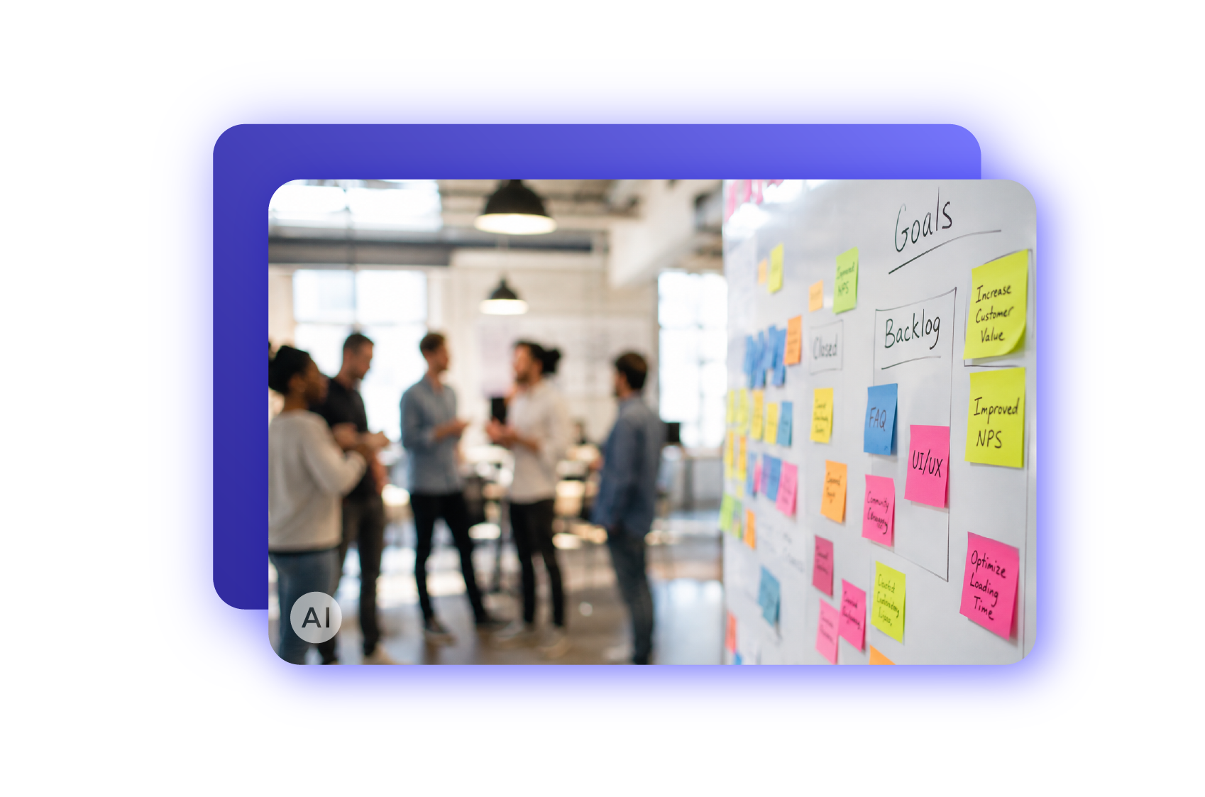 A group of people standing and talking in a bright office space with large windows, with a whiteboard filled with colorful sticky notes related to project goals and tasks.