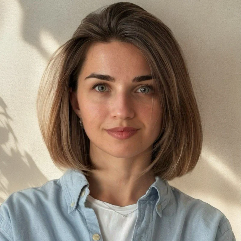A young woman with shoulder-length brown hair and light skin, wearing a light blue button-up shirt over a white tee, standing indoors with natural lighting casting shadows on the wall behind her.