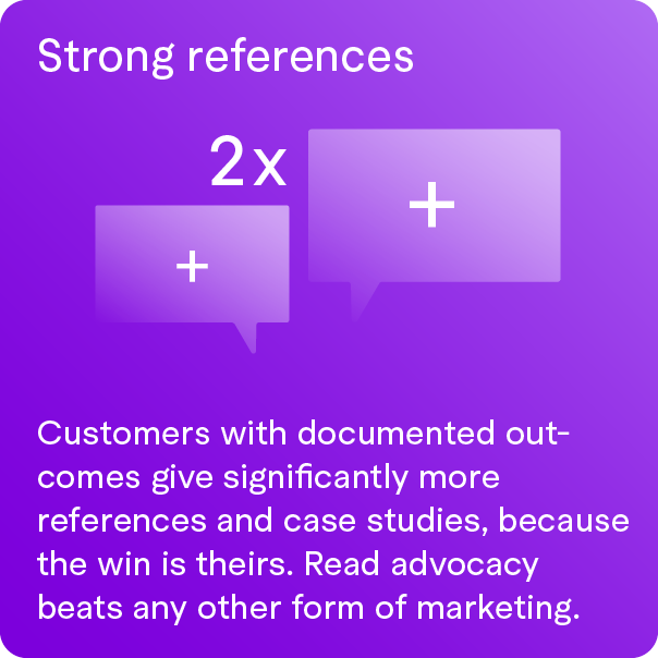 Text on a purple gradient background discussing the importance of strong references, with speech bubble icons and a '2x' label.