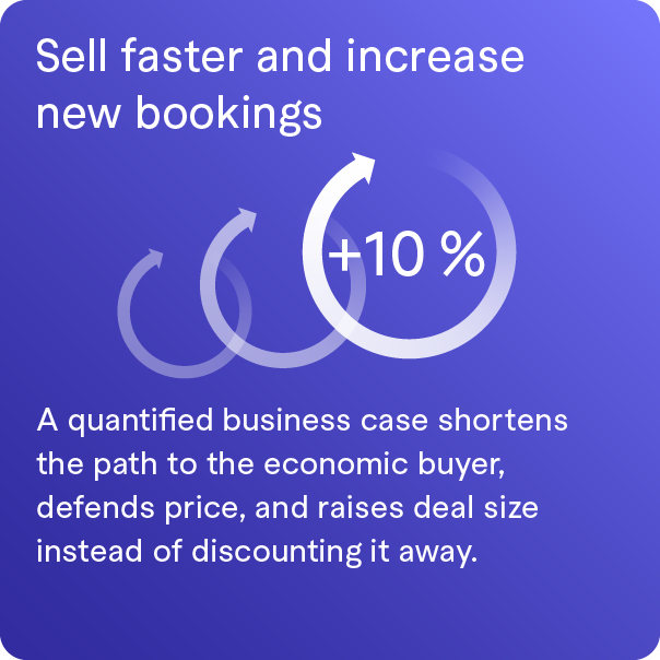 A blue gradient graphic with white text that says "Sell faster and increase new bookings" and a visual of three white upward arrows, the largest with a +10% label, accompanied by smaller arrows, and a paragraph explaining business case benefits for economic buyers.