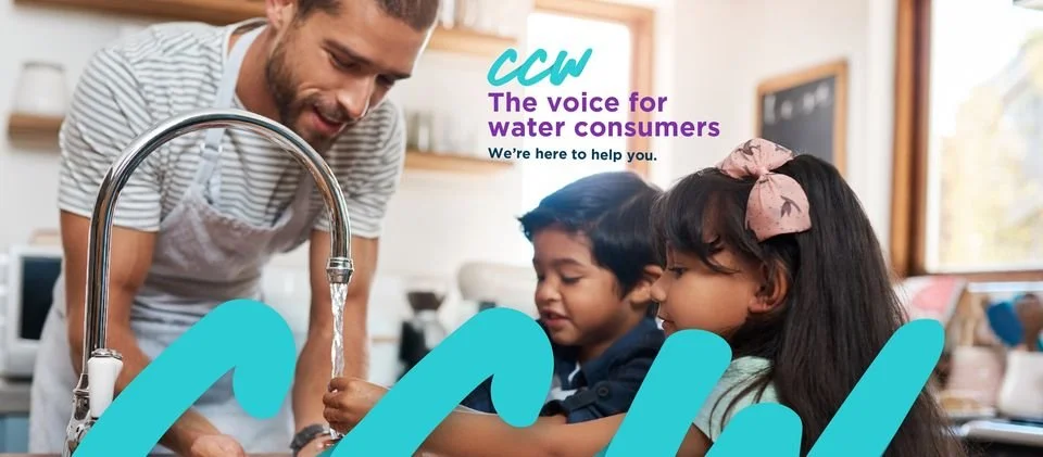 Father and children running a tap with the Consumer Council for Water logo