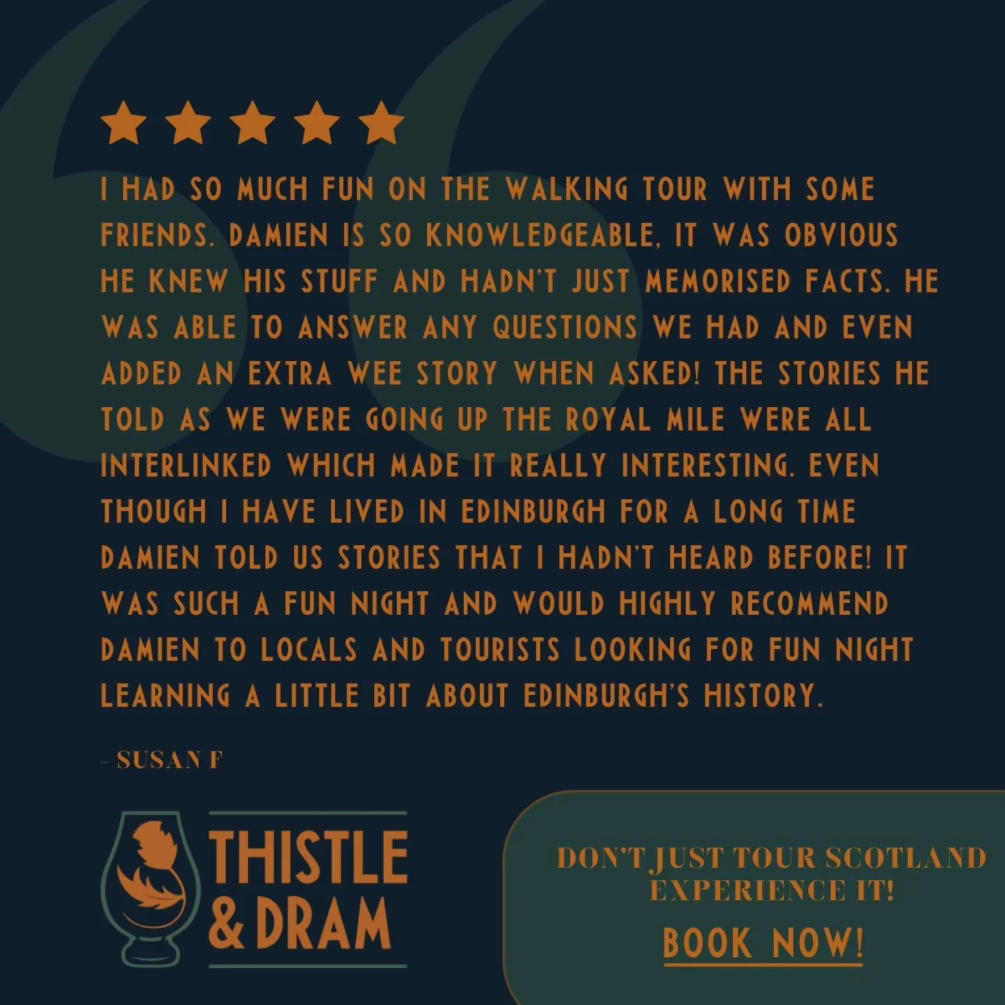 Review! ⭐️⭐️⭐️⭐️⭐️

Have a look at what a recent client had to say about their experience on the Tales of Edinburgh Pub Tour.

Send us a message to find out more about our tours. 

Jump on our website (link in bio), and book your next Edinburgh Exper