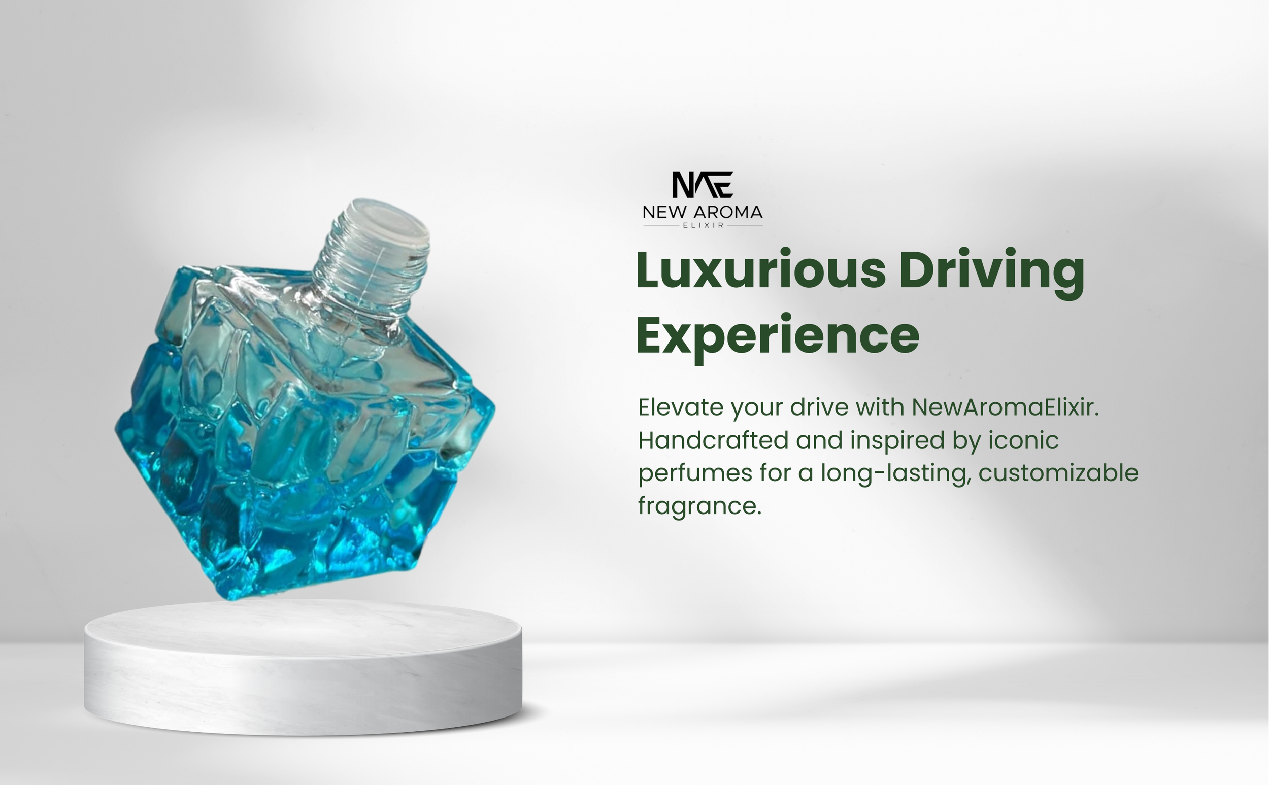A promotional image featuring a perfume bottle designed to look like a blue ice cube on a white pedestal, with text promoting New Aroma Elixir's customizable fragrances for a luxurious driving experience.