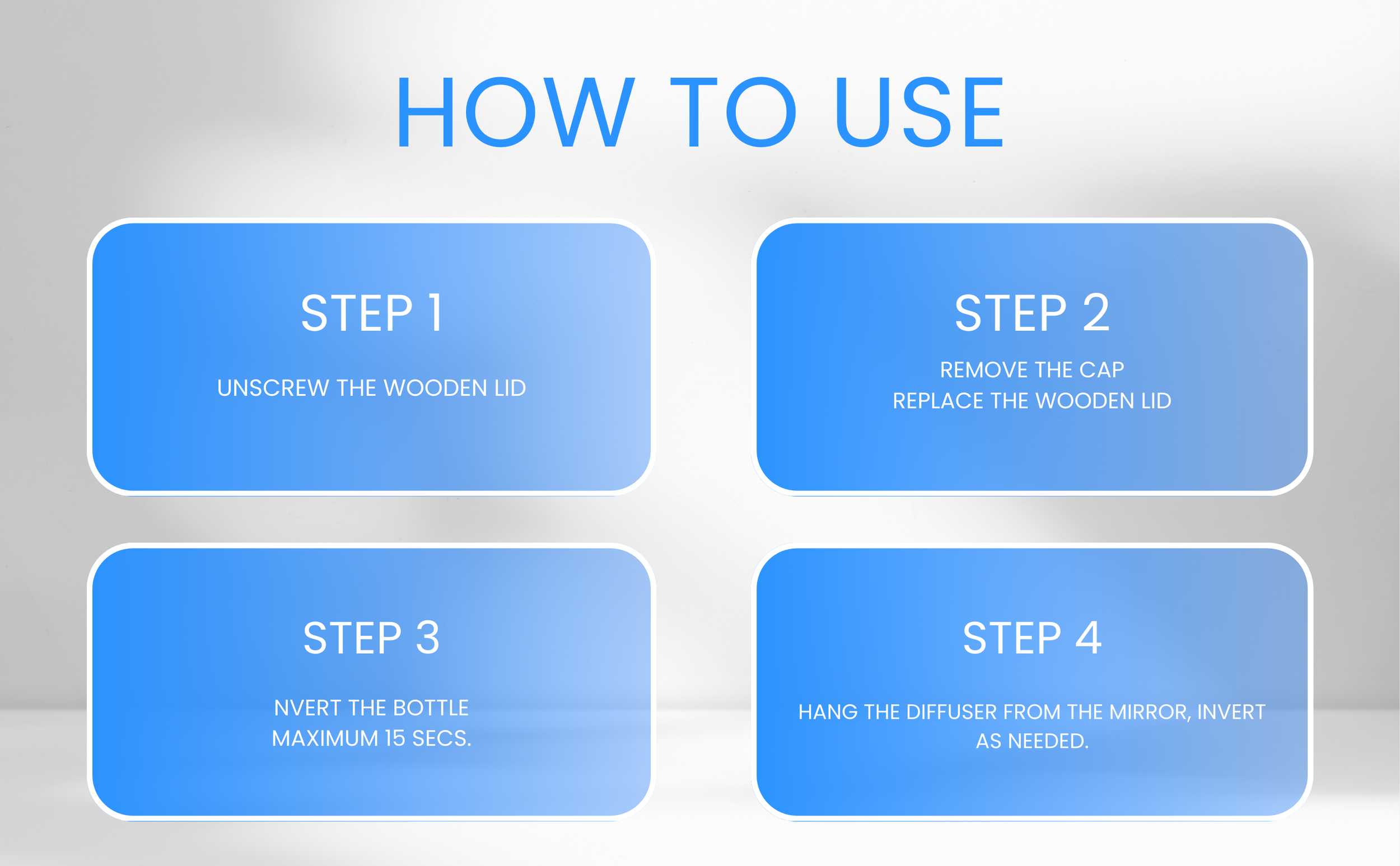 Instructional guide titled 'How to Use' with four steps outlined in blue boxes, detailing a process involving unscrewing a wooden lid, removing a cap, inverting a bottle, and hanging a diffuser from a mirror.