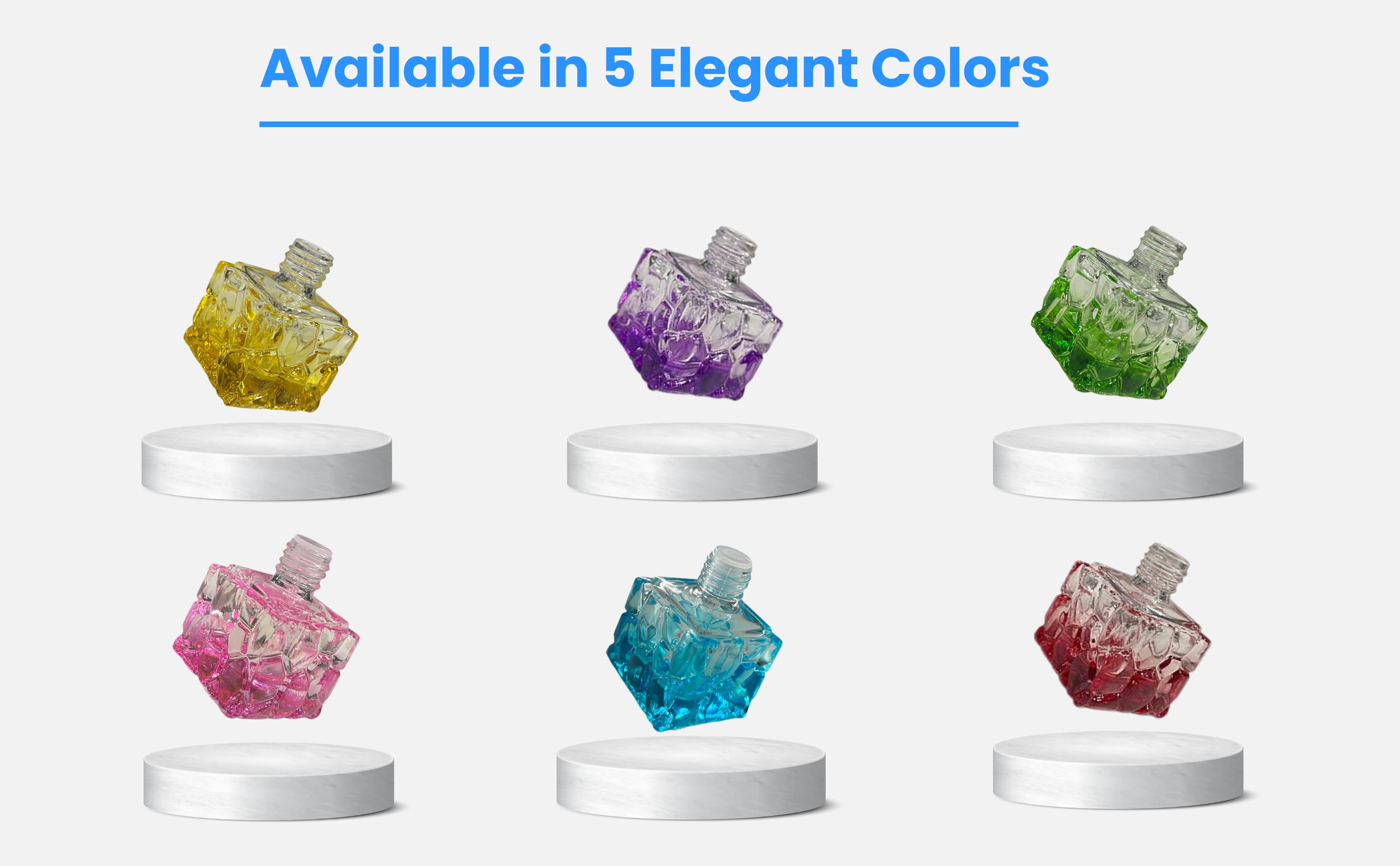 Display of six glass perfume bottles in different colors, arranged on white circular platforms, with the heading "Available in 5 Elegant Colors" at the top.