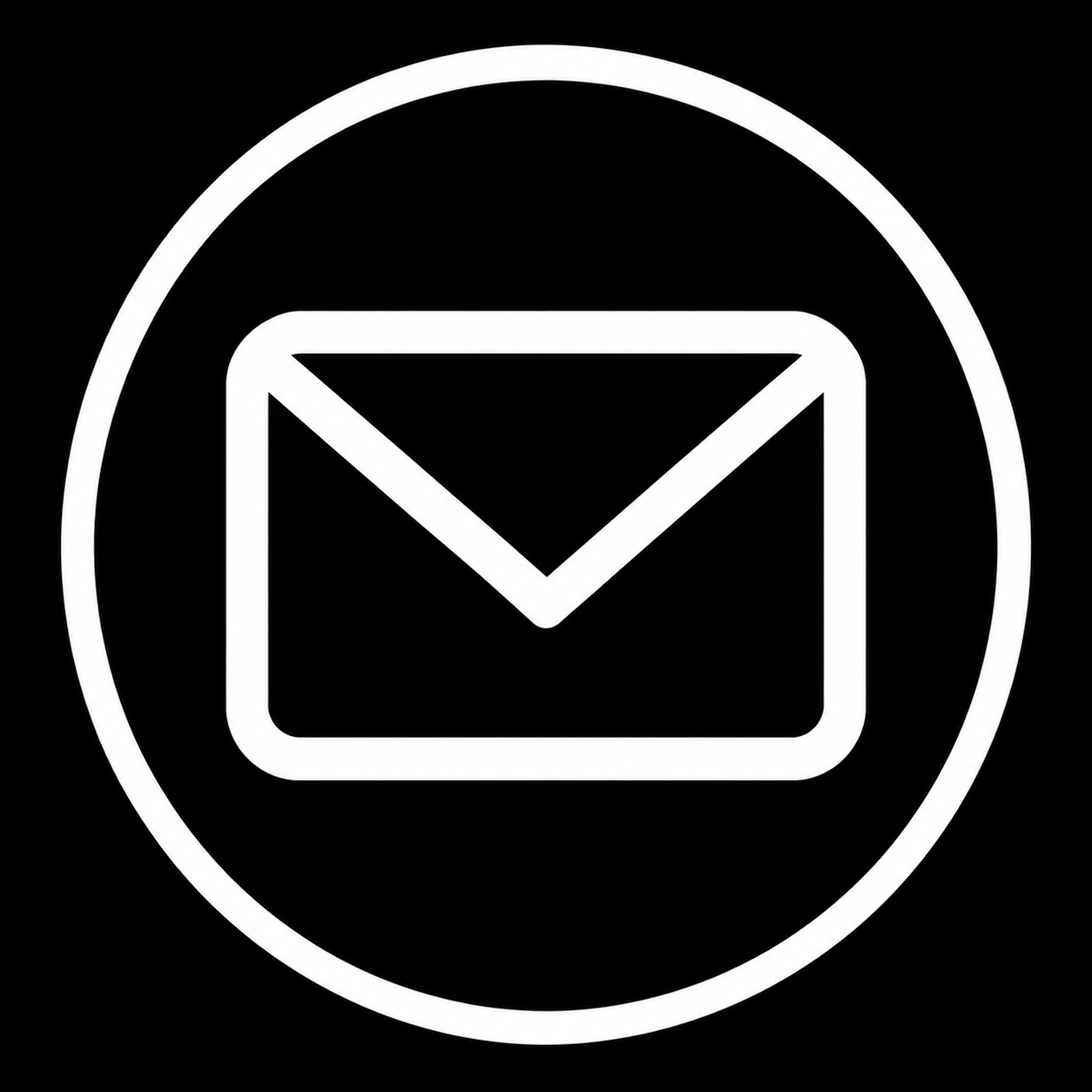 Icône blanche d'une enveloppe dans un cercle sur fond noir pour accéder directement au mail de l'école de surf de carcans le surf truck et pour prendre rdv au plus vite pour vos cours de surf à carcans en gironde pour débutants