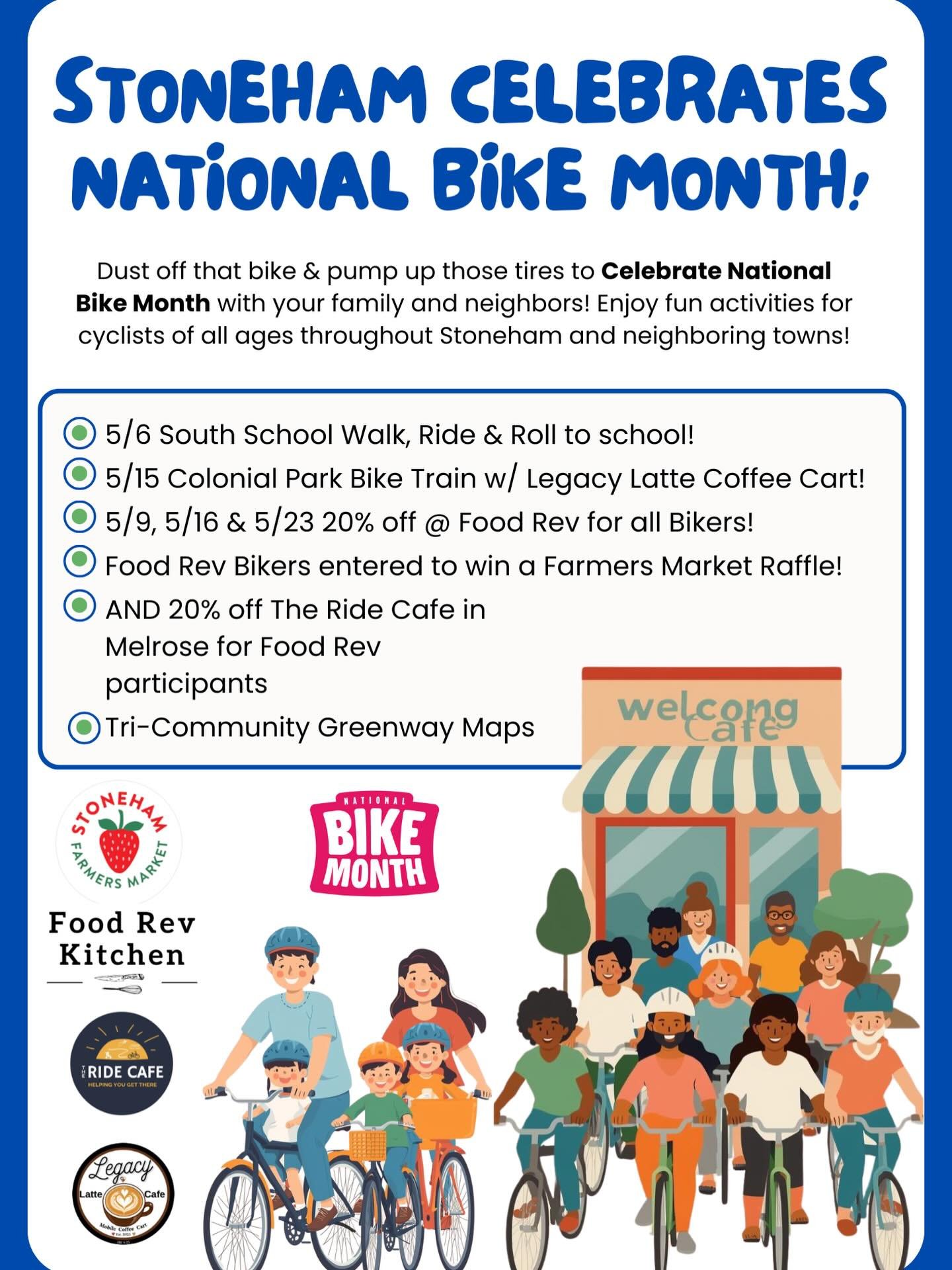 May is bike month! Join @food.rev, @theridecafe.melrose, @colonialparkschool, @legacylattecafe and @southschpto to celebrate with these activities. Enter to win goodies from the farmers market! 🚲