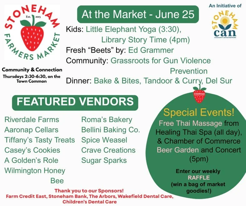 The market is fire this week! 🔥 Free Thai Massage from @healingstoneham and all the fresh treats and goodies and kids activities and veggies and music and dinner options and the list goes on! First @stoneham_chamber beer garden and concert. Also - d