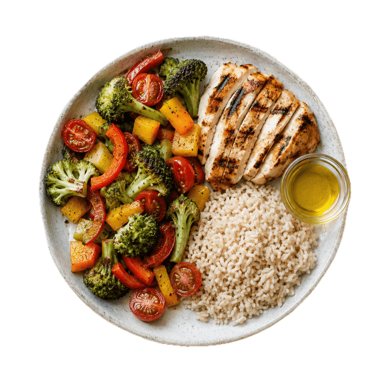Assiette équilibrée composée de légumes, protéines et céréales, illustrant l’alimentation intuitive
