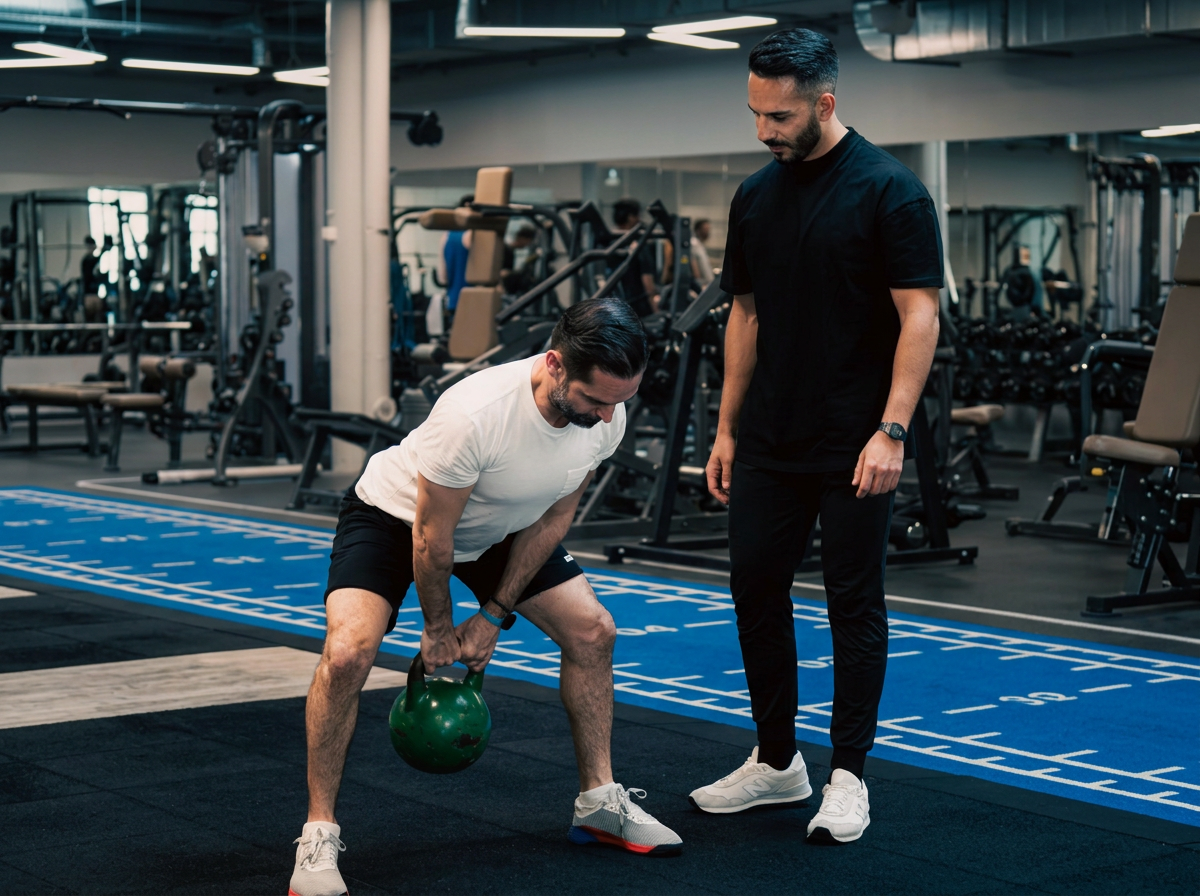 Amir Razeghi accompagne un client pendant un exercice au kettlebell à Lausanne