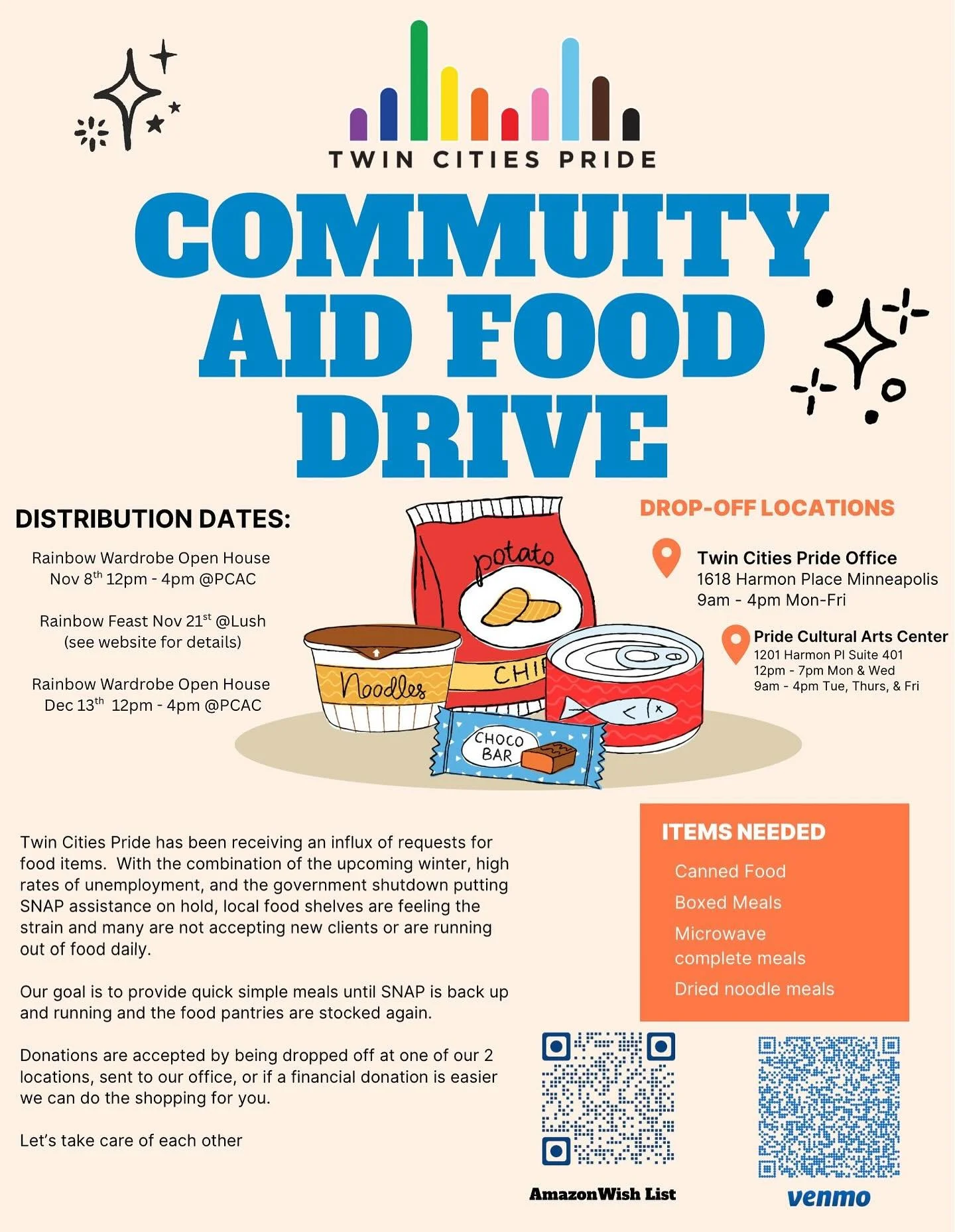 ✨ Community in Action ✨
We&rsquo;re partnering with Twin Cities Pride to support their Community Aid Food Drive &mdash; and Up Yoga is now a drop-off location! 🧡

With winter approaching and many local food shelves running low, this drive helps prov