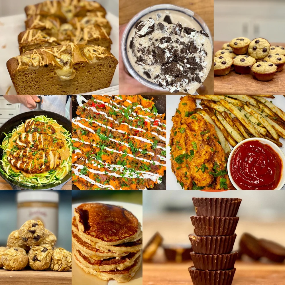 Nine real dishes from inside the cookbook — protein banana bread, bowls, crispy chicken and fries, pancakes, and protein dessert cups