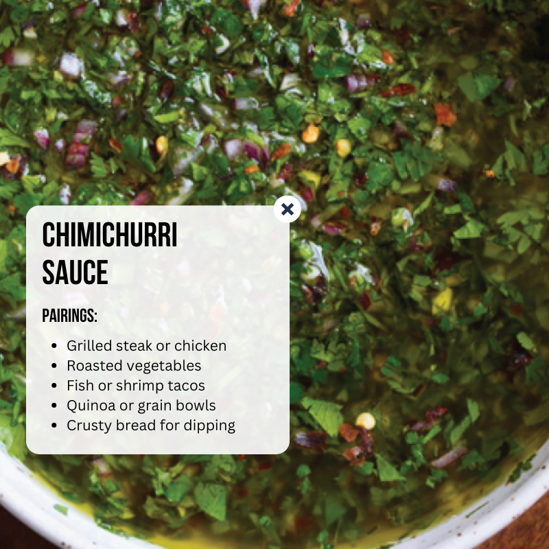Chimichurri sauce recipe card from the book, with pairing suggestions