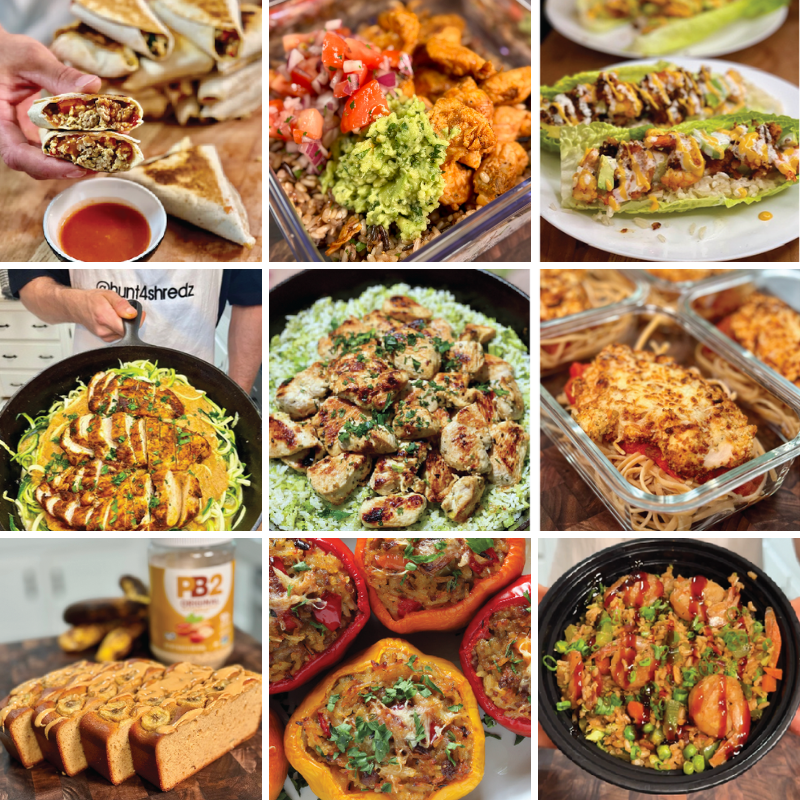 Montage of high-protein recipes from the cookbook