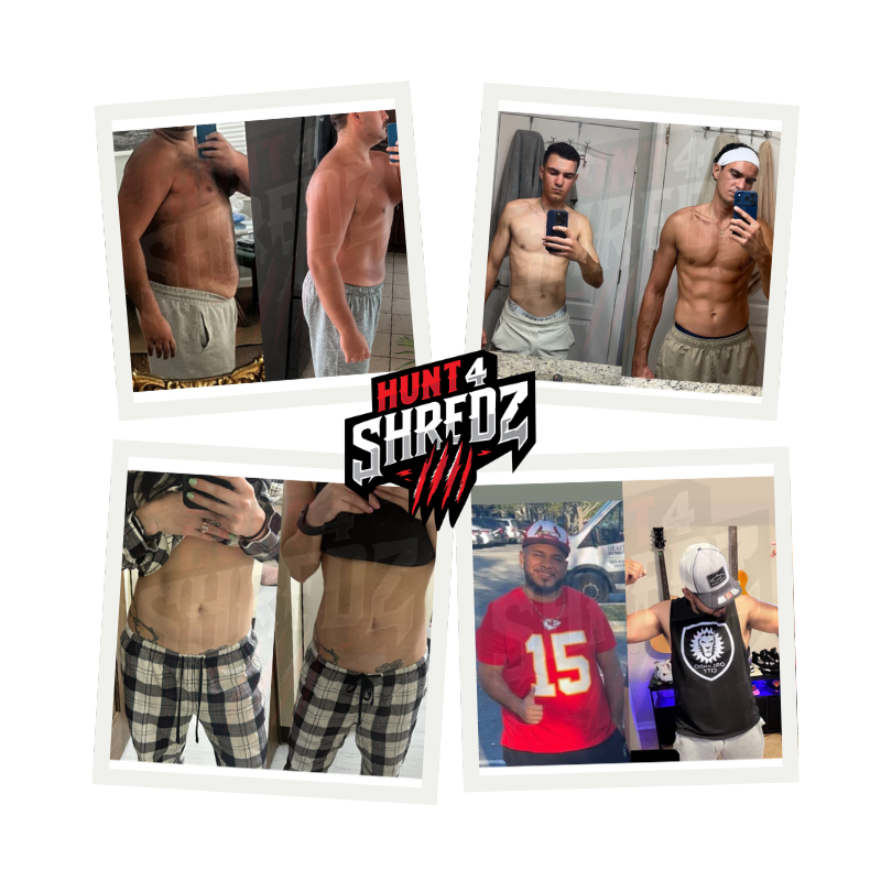 Before and after weight loss transformations from Hunt4Shredz customers