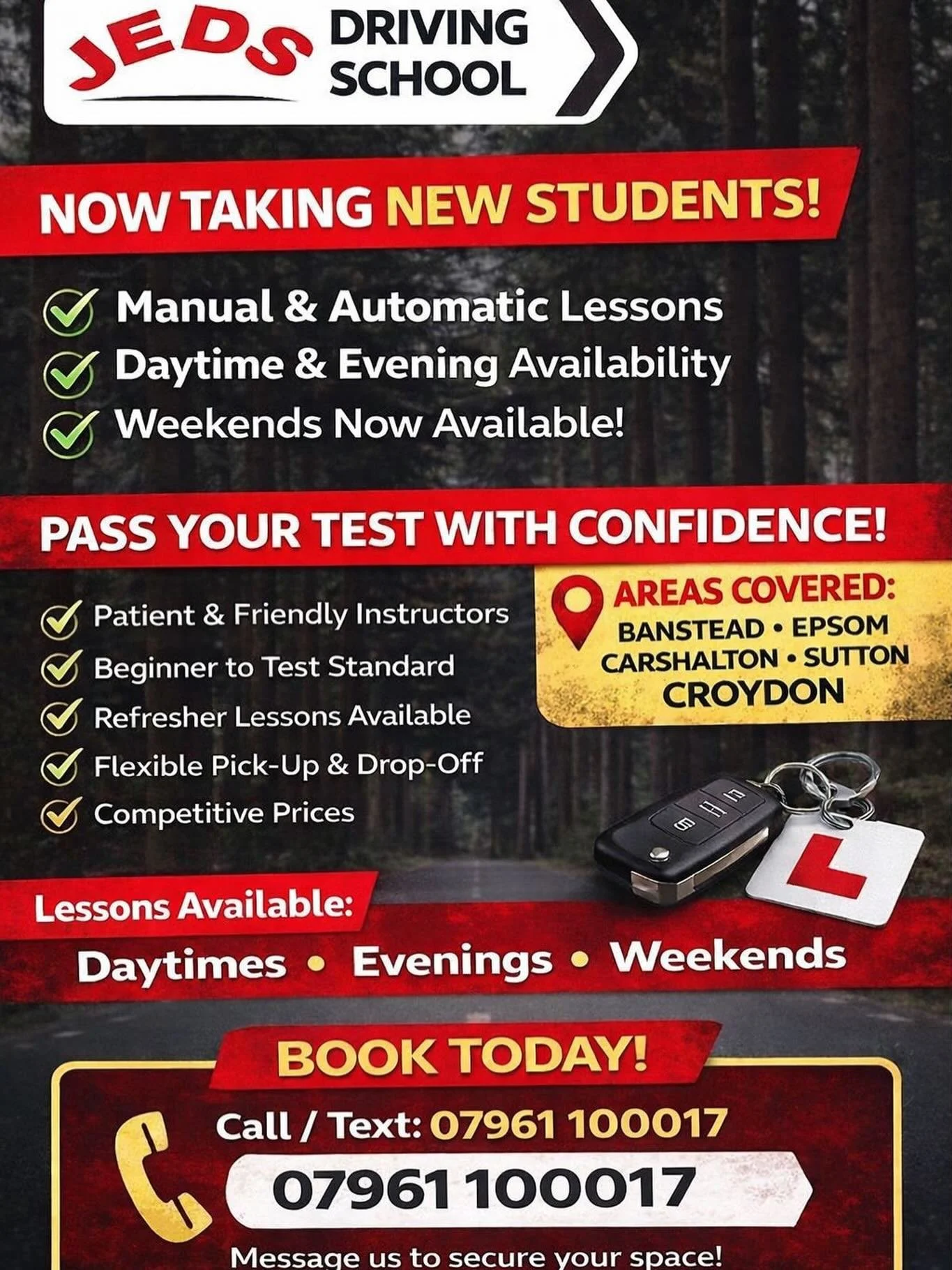 🚗 Ready to start your driving journey?

Manual and Automatic Driving Lessons now available across:
📍 Croydon
📍 Epsom
📍 Banstead
📍 Sutton
📍 Carshalton
&hellip;and surrounding areas!

Whether you&rsquo;re a complete beginner or looking to refresh