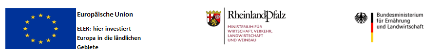 Banner mit EU-Flagge, Logos und Text in Deutsch über Investitionen in ländliche Gebiete in Rheinland-Pfalz.