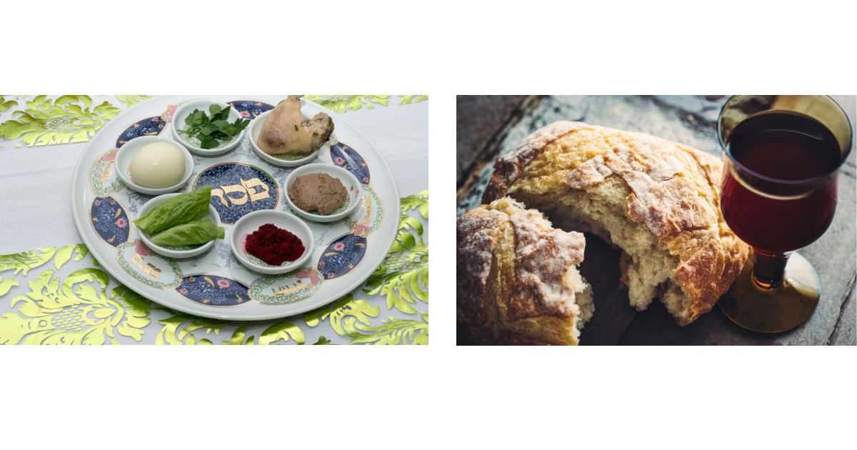 A Passover seder plate on one side and the bread and cup of the Eucharist on the other side.
