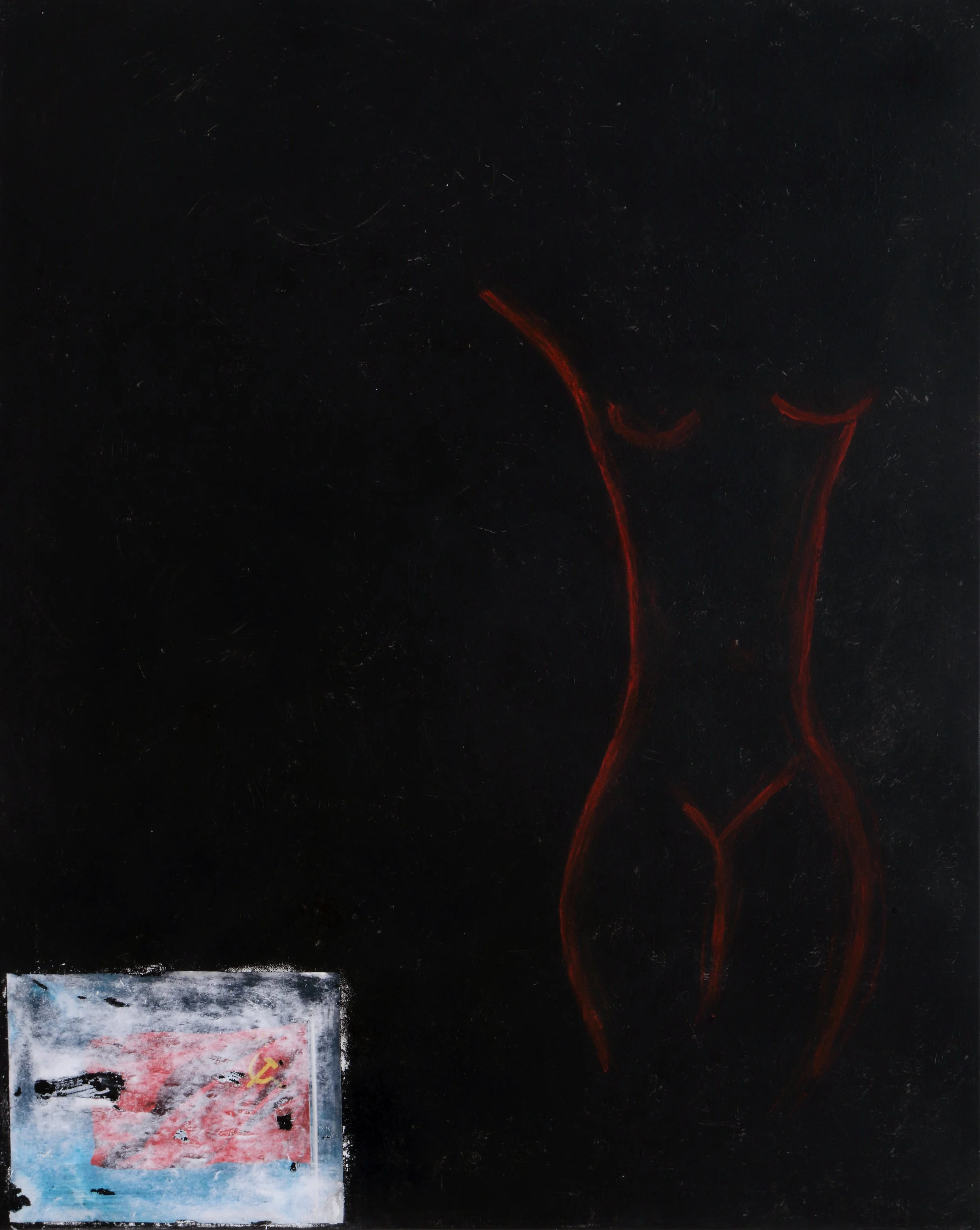 The Red Scare
(2024)
80 x 100 x 2,5 cm / 31.5 x 39.4 x 0.98 inch 
Acrylics, linseed oil and gesso paper reverse print on canvas with wooden frame