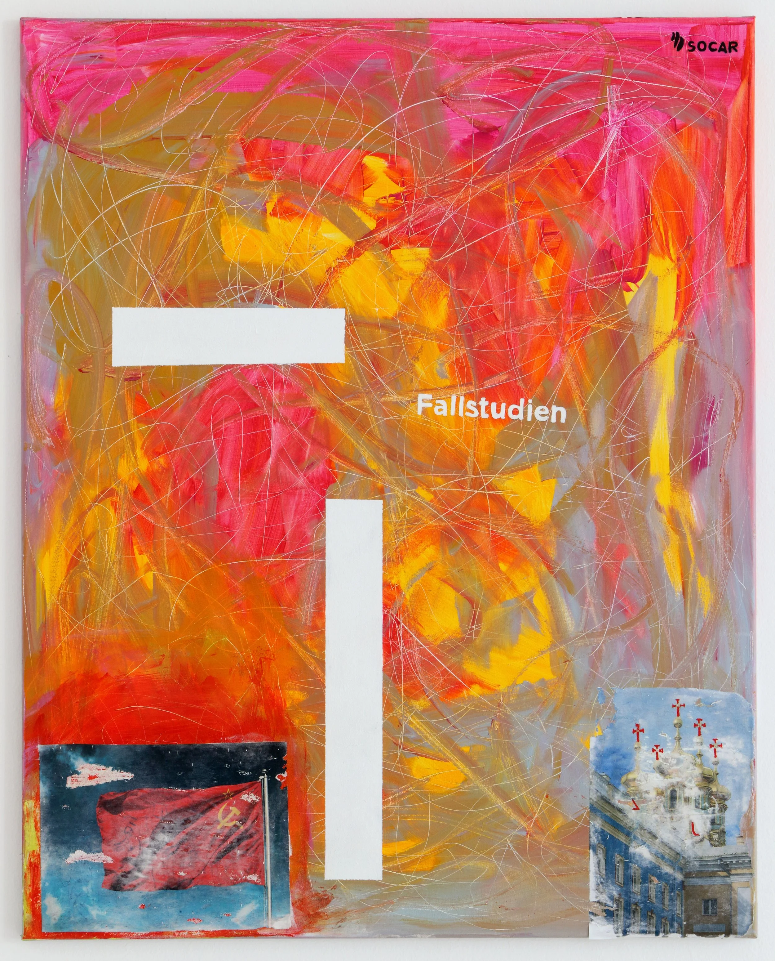 Fallstudien
2024
80 x 100 x 2,5 cm / 31.5 x 39.4 x 0.98 inch 
Gesso paper reverse print, acrylics, permanent marker on canvas with wooden frame