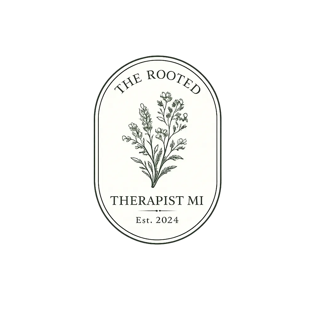 Floral Logal with the Rooted Therapist MI Est 2024 written on it
