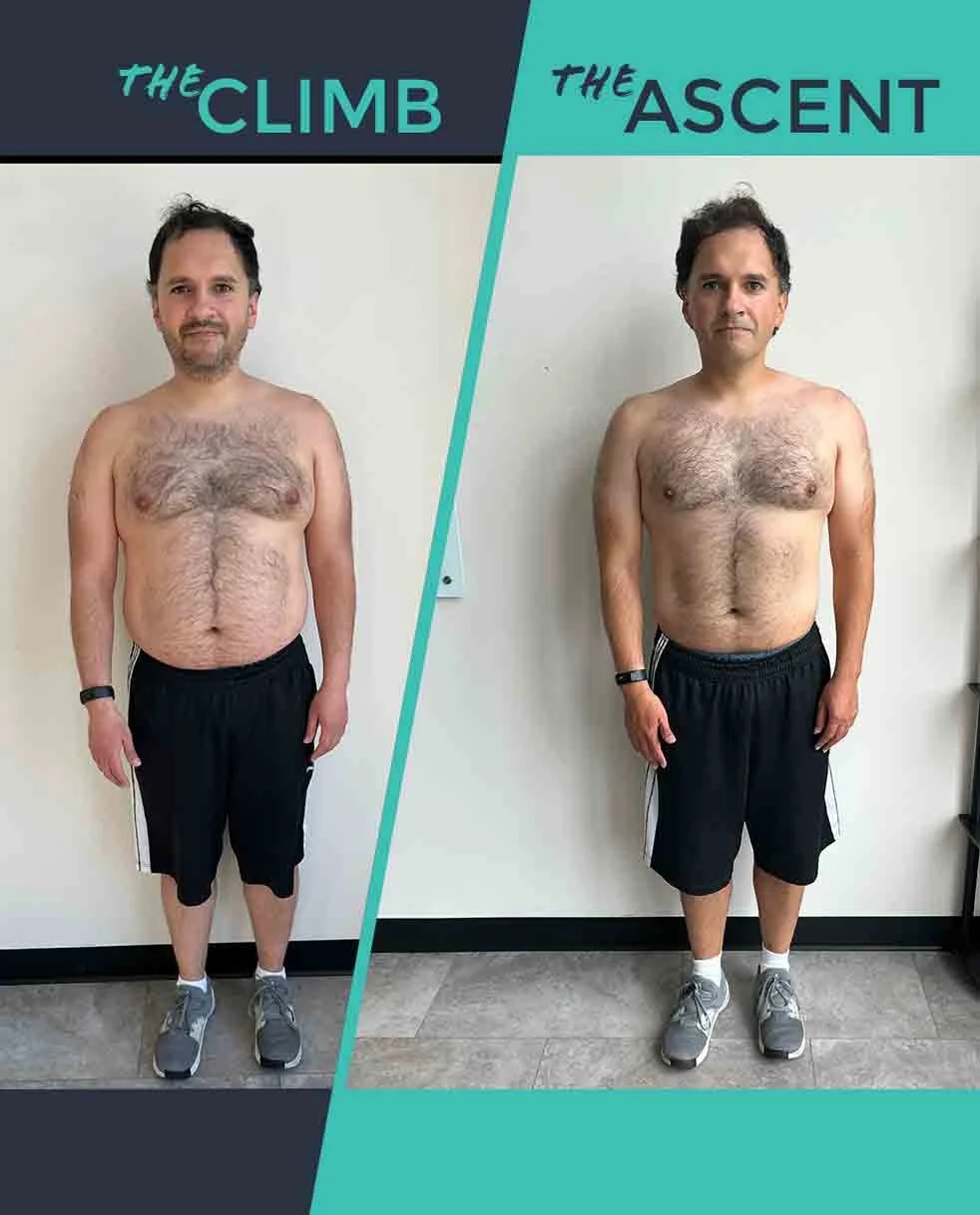 Transformation photos of a PEAK client after coached training and nutrition