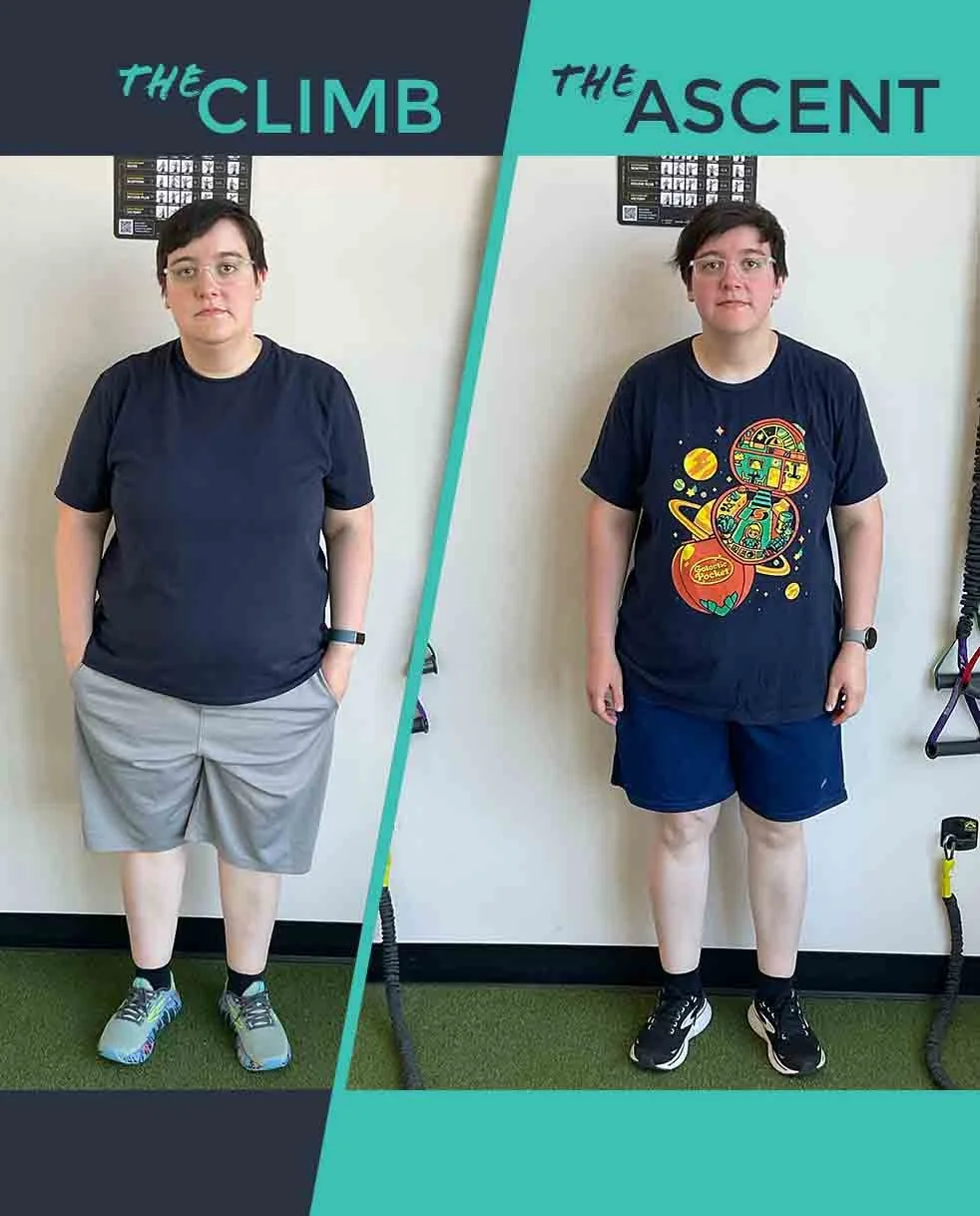 Side-by-side transformation photos from 1-on-1 personal training at PEAK