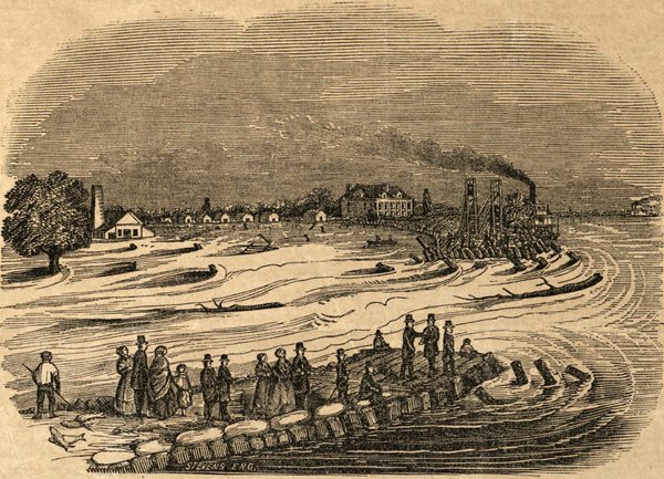 "The Bell Crevasse": a massive 1858 levee breach on the Mississippi just upriver of New Orleans. Explosive crevasses like this one became more common as Louisianans tried to constrain flooding with river levees.