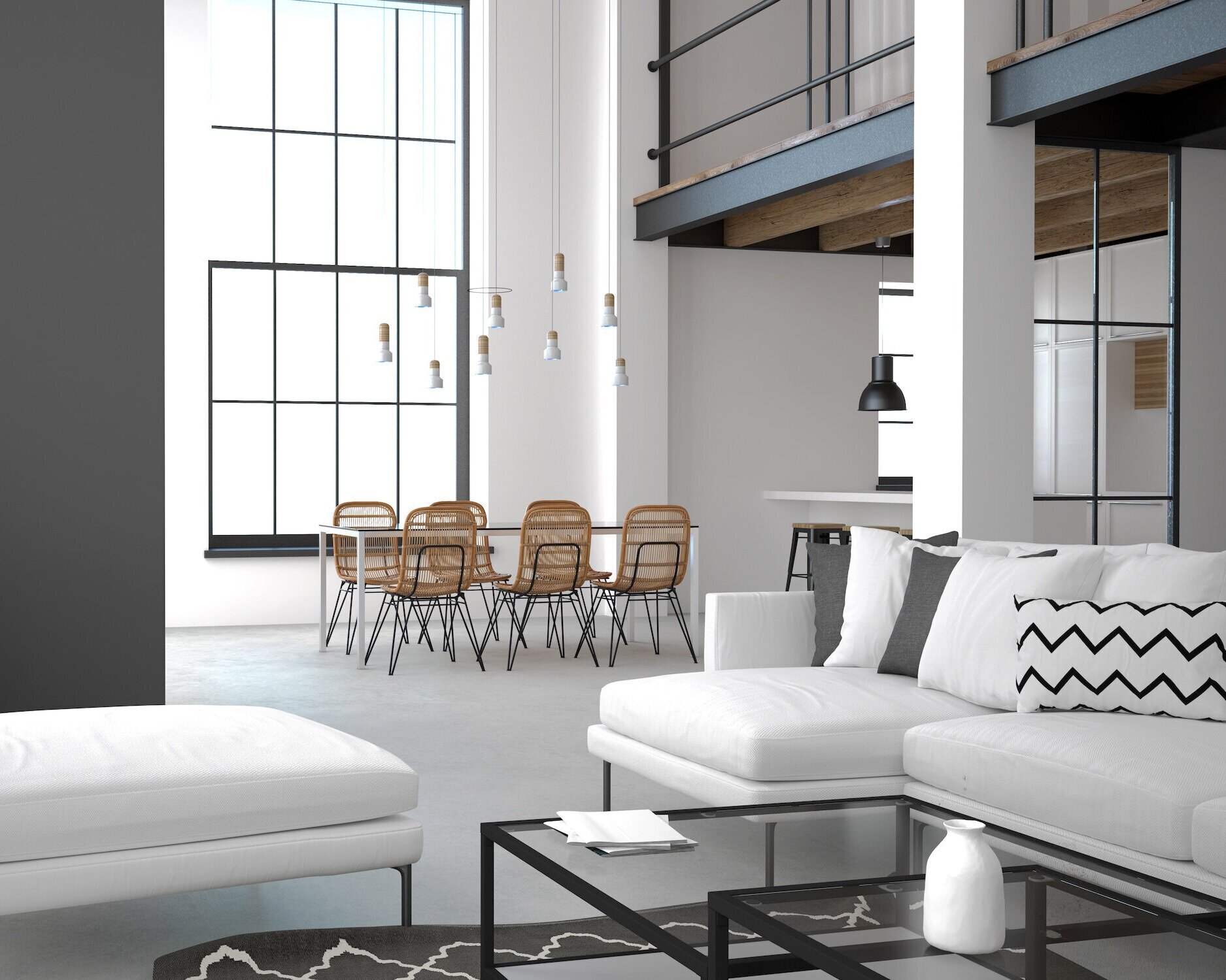 Modern open-concept living area with white sofa, black coffee table, and decorative vases, adjacent to a dining space with a table and rattan chairs, large windows with black frames, and hung pendant lights.