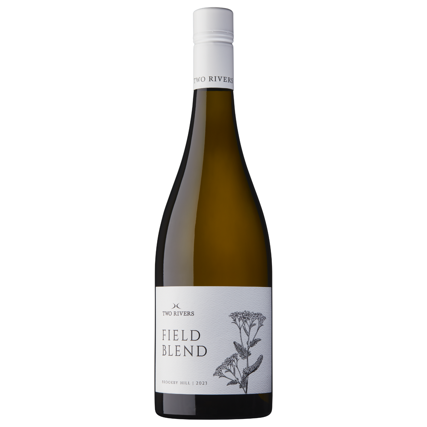 A wine bottle with a white label that features a black and white botanical illustration, the text 'TWO RIVERS', 'FIELD BLEND', 'BROOKLY HILL | 2023' and a small icon of two crescent moons.
