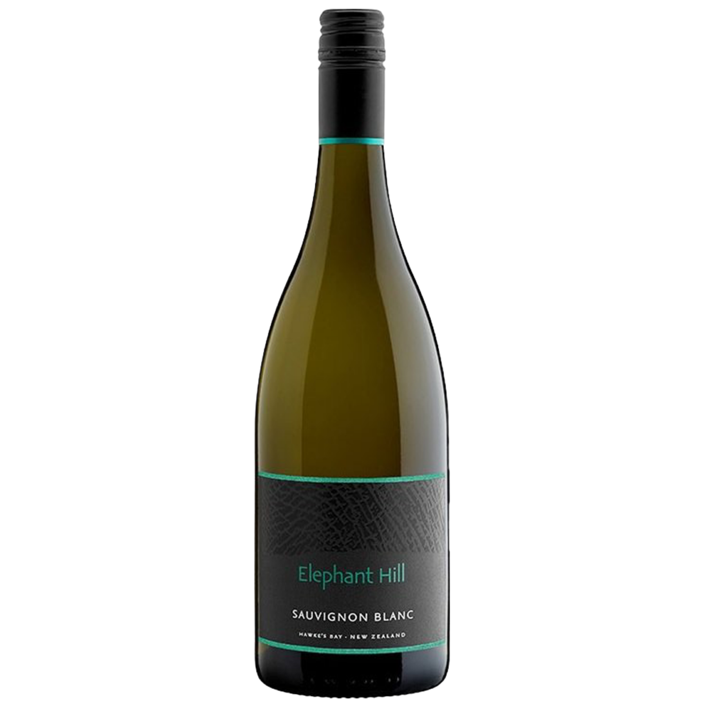 A bottle of Elephant Hill Sauvignon Blanc wine from Hawke's Bay, New Zealand, with a black and teal label and cap.