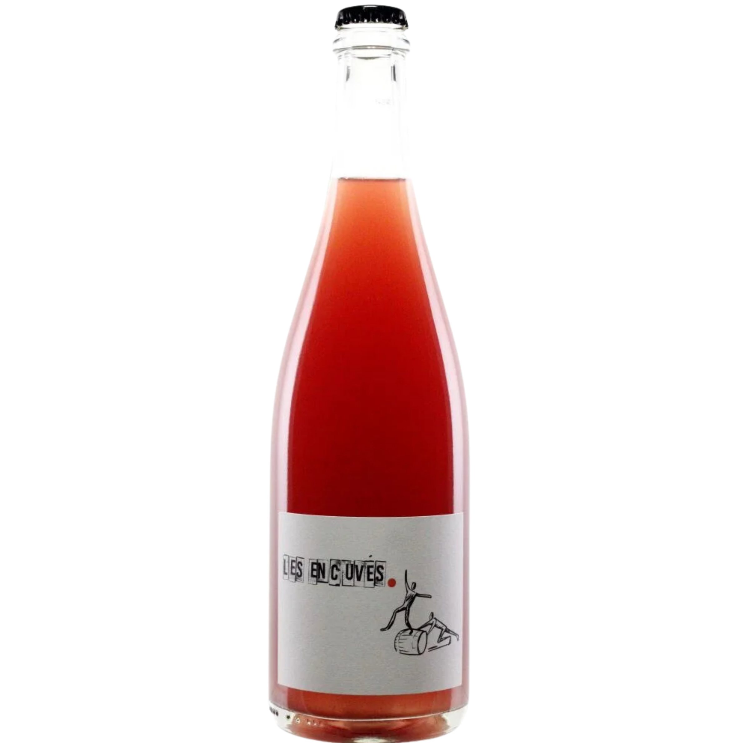 A glass bottle filled with red liquid, labeled in French as "Les Enclaves," with an illustration of a woman carrying a barrel and a small dog.
