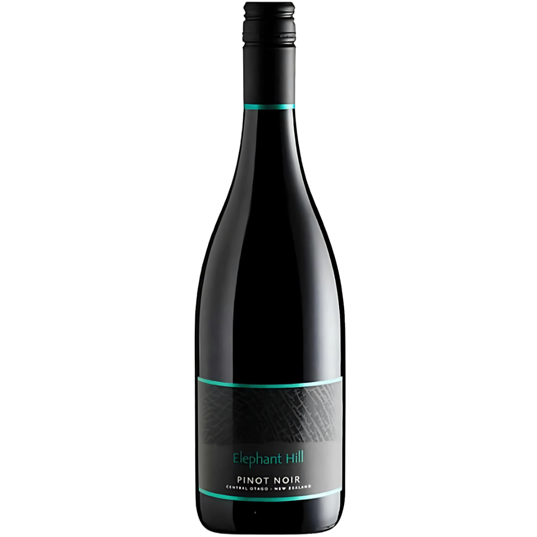 A black wine bottle with a label that reads 'Elephant Hill Pinot Noir Central Otago New Zealand' on a white background.