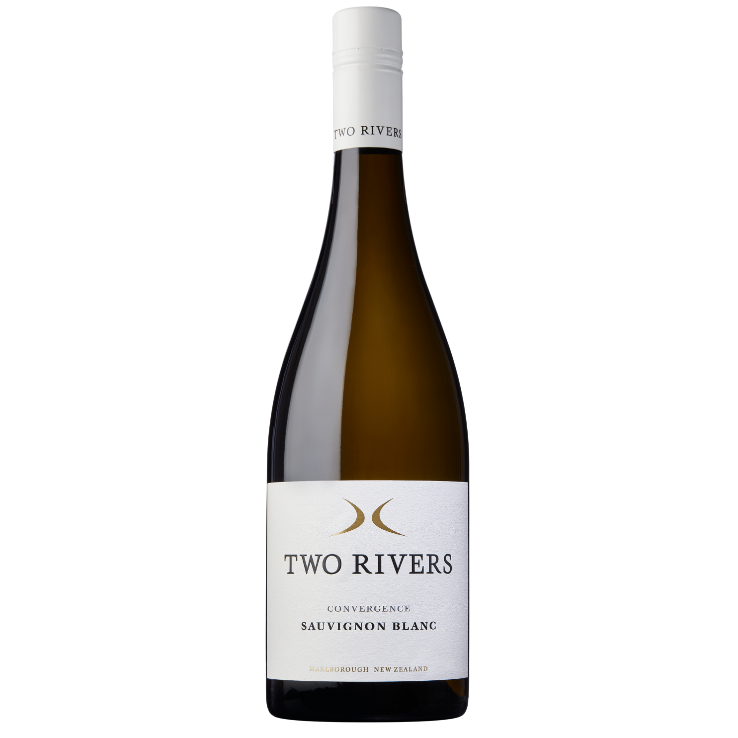 A bottle of Two Rivers Sauvignon Blanc wine from Marlborough, New Zealand, against a black background.