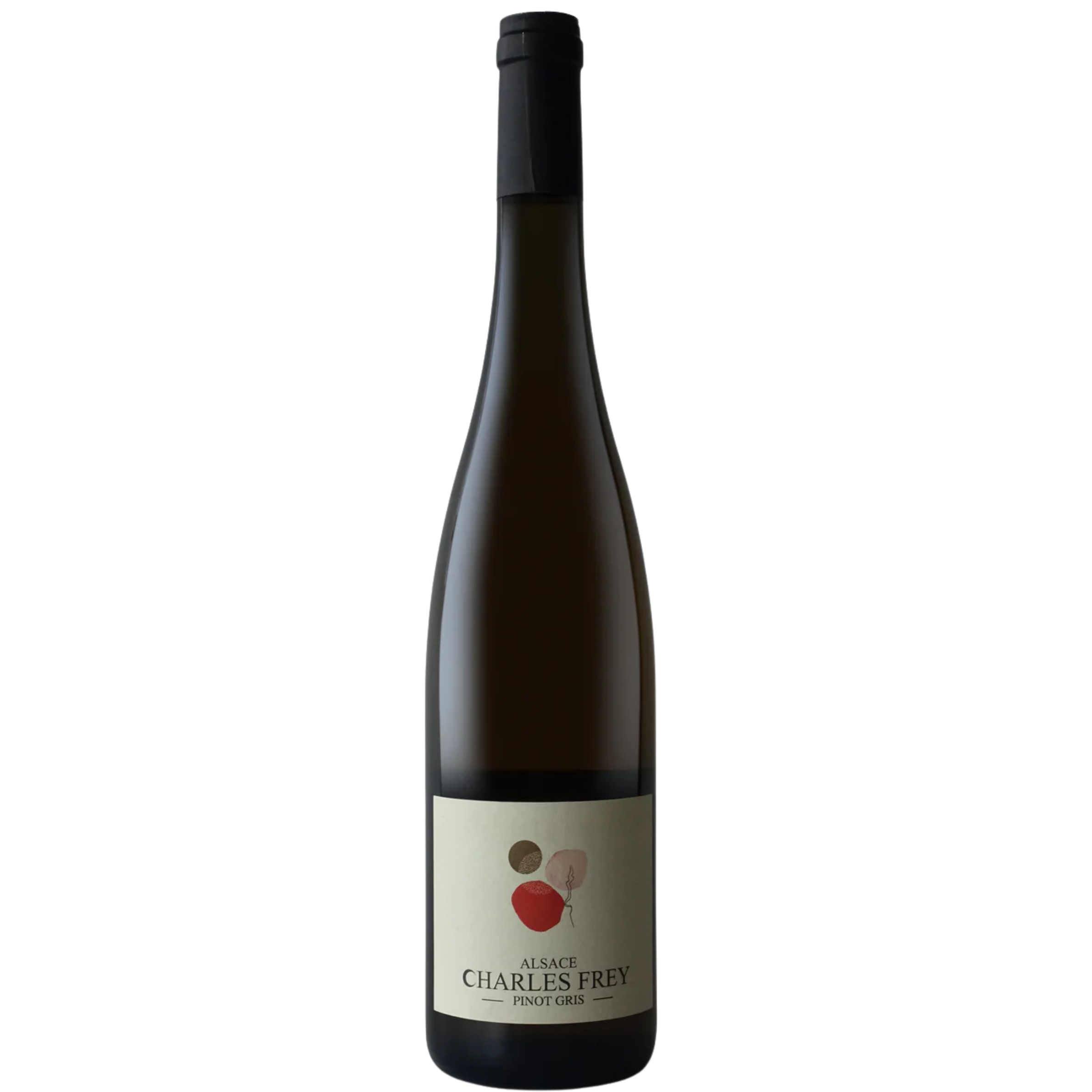 A bottle of Alsace Charles Frey Pinot Gris wine with a label featuring abstract wine-related illustrations and text.