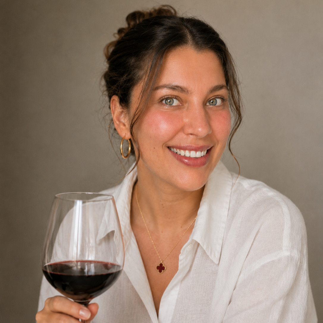 A woman with curly brown hair and blue eyes smiling while holding a glass of red wine, wearing earrings and a necklace with a red flower pendant, against a neutral background.