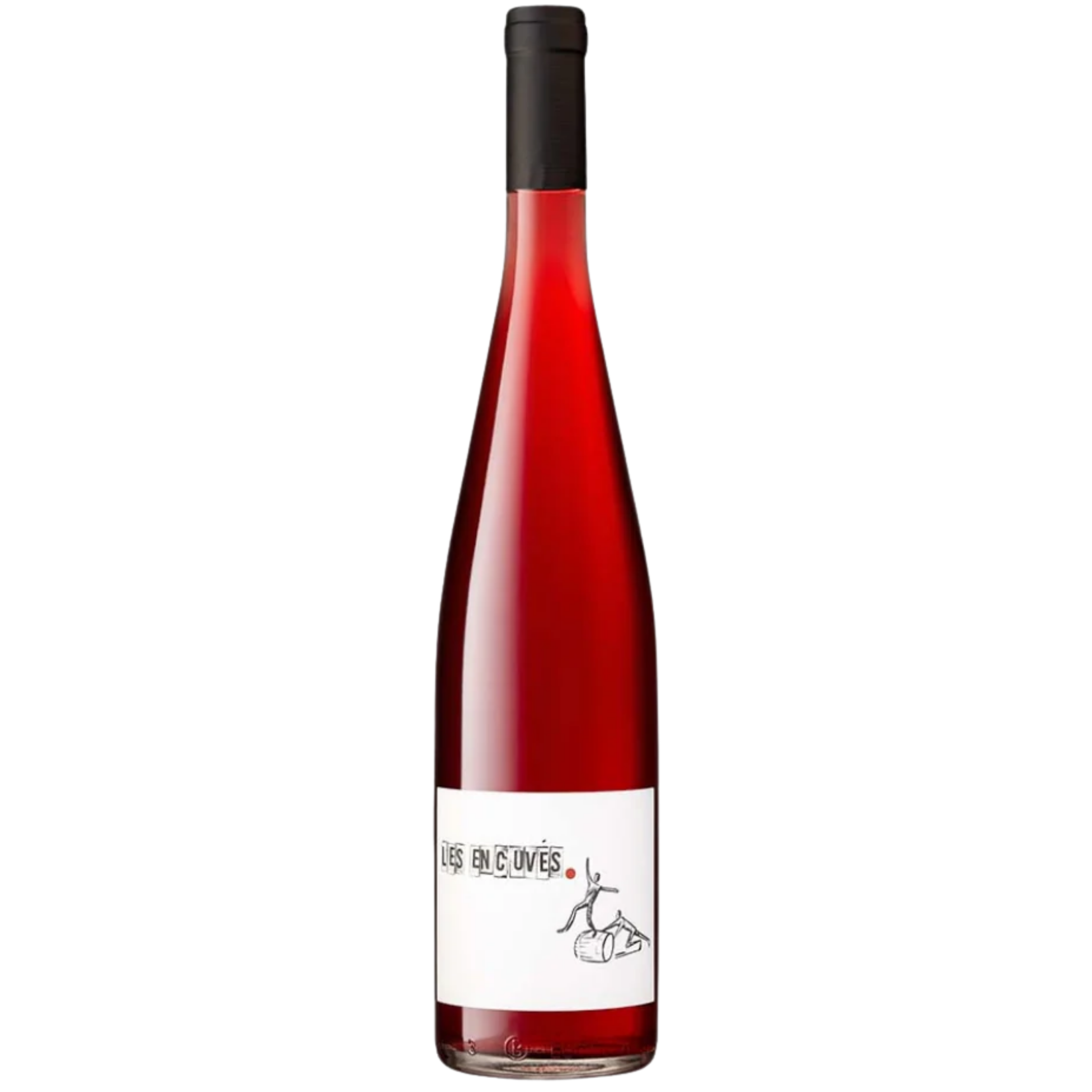 A tall, narrow bottle of red wine with a black cap and a label that reads 'Les Encuevés' with an illustration of a person lying on the ground with a tree and rocks.