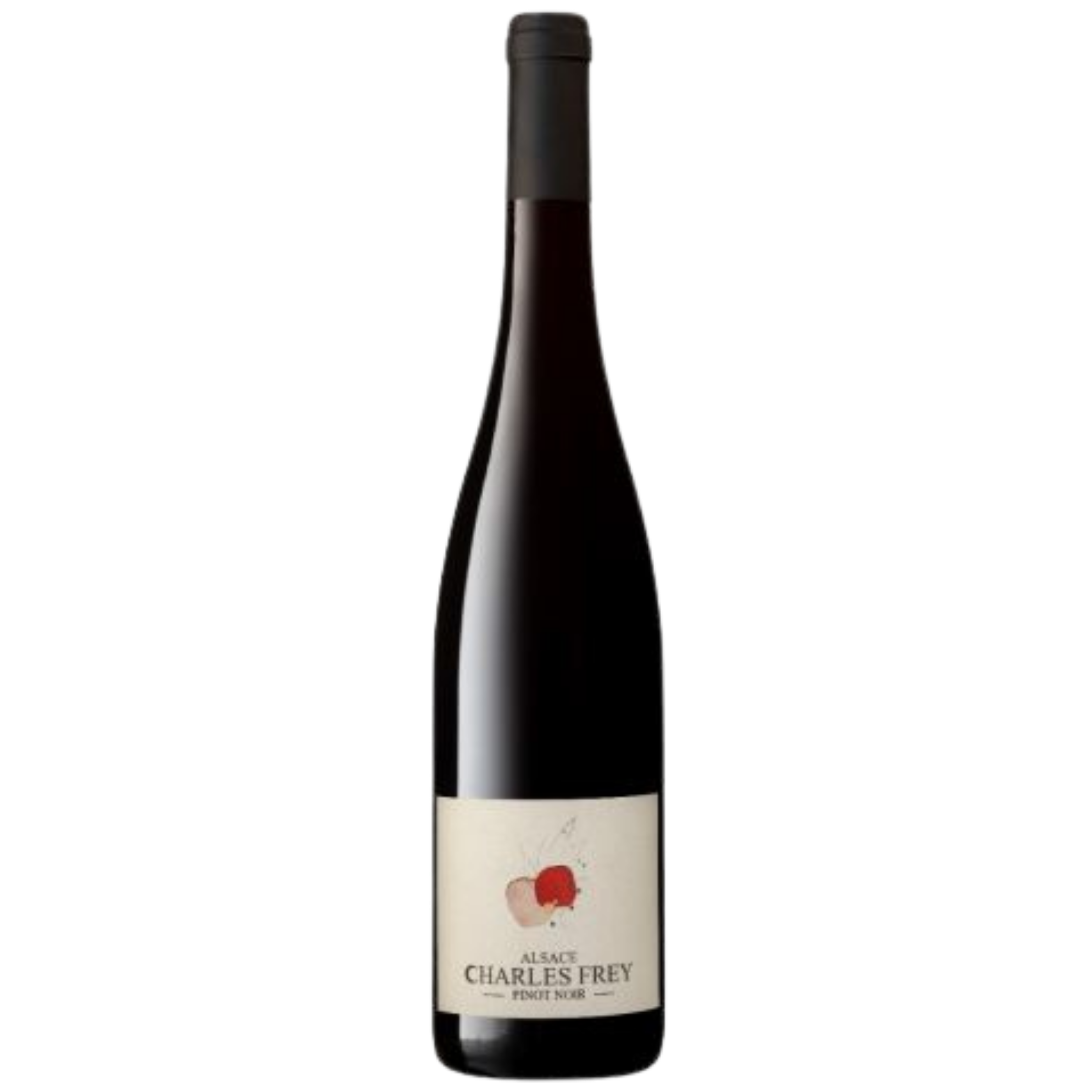 A dark glass bottle of Alsace Charles Frey Pinot Noir wine with a white label and red logo, set against a background with black and gray sections.