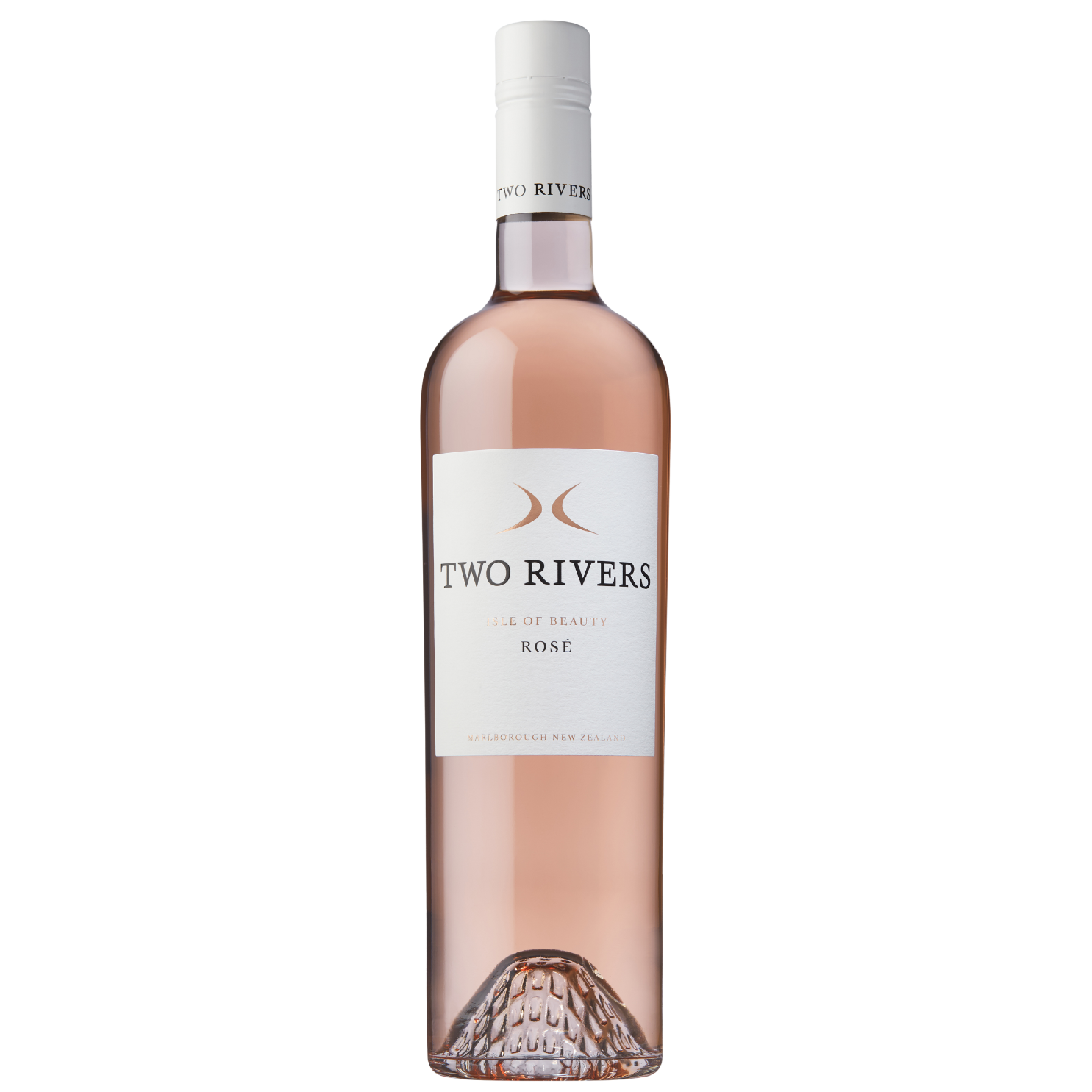 A tall, slender bottle of Two Rivers Rosé wine from Marlborough, New Zealand, with a white and silver label and a white cap.