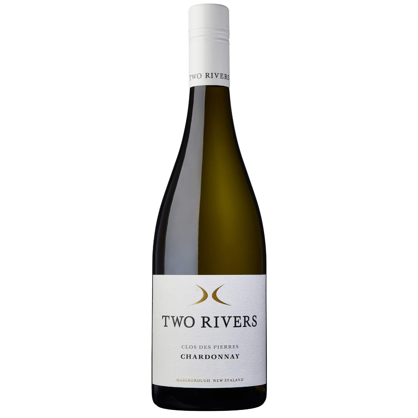 A bottle of Two Rivers Chardonnay wine from Marlborough, New Zealand, with a white label and a white cap.