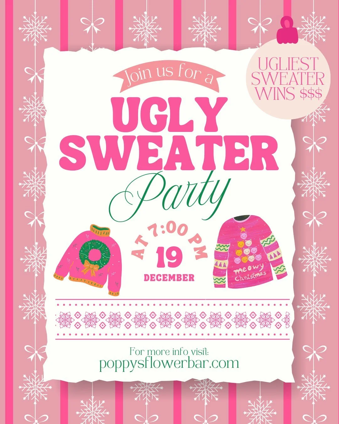YOU'RE INVITED! 🎉 December 19 &middot; 7 PM, our Ugly Sweater Christmas Party is BACK!

A Poppy&rsquo;s holiday classic! All ages welcome. No tickets needed. Wear your most outrageous, over-the-top, fabulously tacky sweater, and the ugliest sweater 