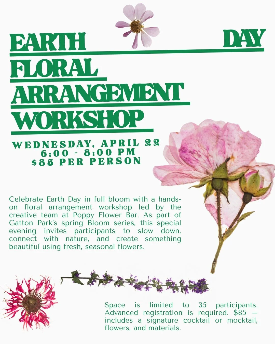 Celebrate Earth Day in full bloom with a hands-on floral arrangement workshop led by the creative team at Poppy Flower Bar. As part of Gatton Park&rsquo;s spring Bloom series, this special evening invites participants to slow down, connect with natur