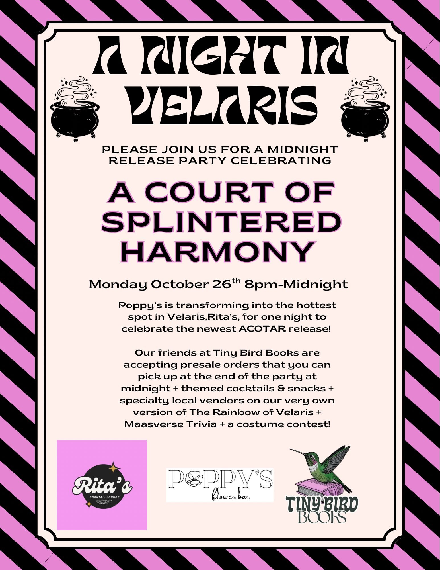 Poppy&rsquo;s is transforming into the hottest spot in Velaris,Rita&rsquo;s, for one night to celebrate the newest ACOTAR release!✨

Our friends at Tiny Bird Books are accepting presale orders that you can pick up your copy at the end of the party at